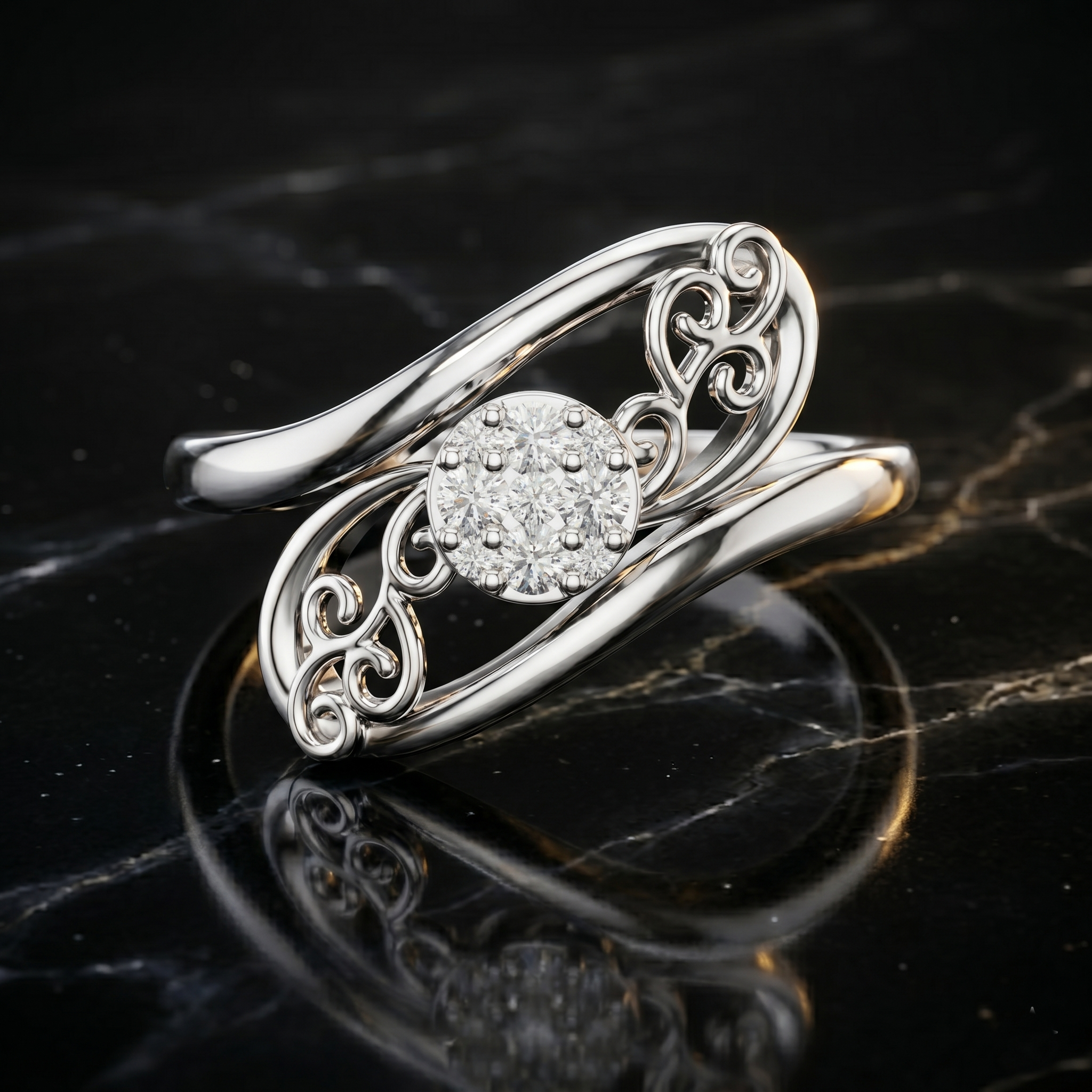 Art Deco Moissanite Ring, 14K Solid Gold Filigree Swirl Cluster, Nature Inspired Jewelry