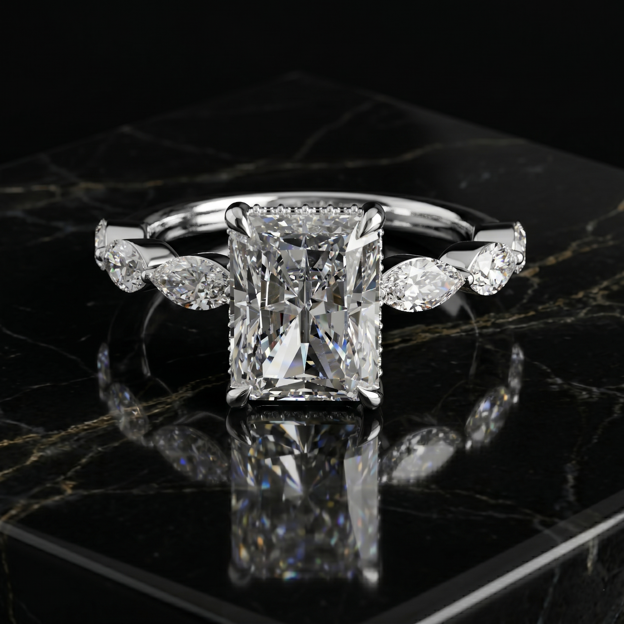 Radiant Cut Moissanite Engagement Ring, Sterling Silver Marquise Side Stone, Anniversary Promise Ring