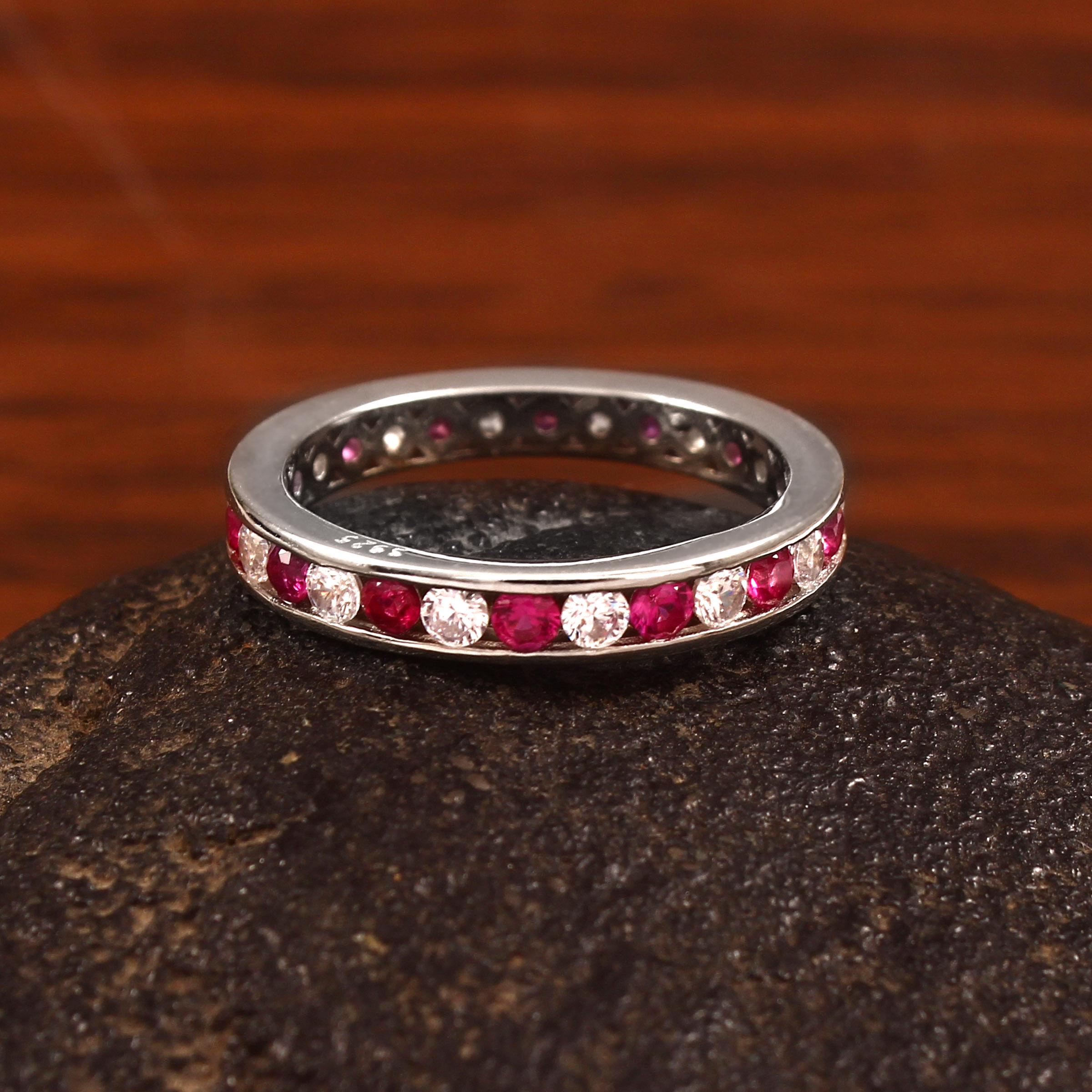 Ruby Moissanite Band Full Eternity Channel Alternate Set Art Deco Classic Round Stacking Dainty Silver Anniversary Gift Promise Ring For Her