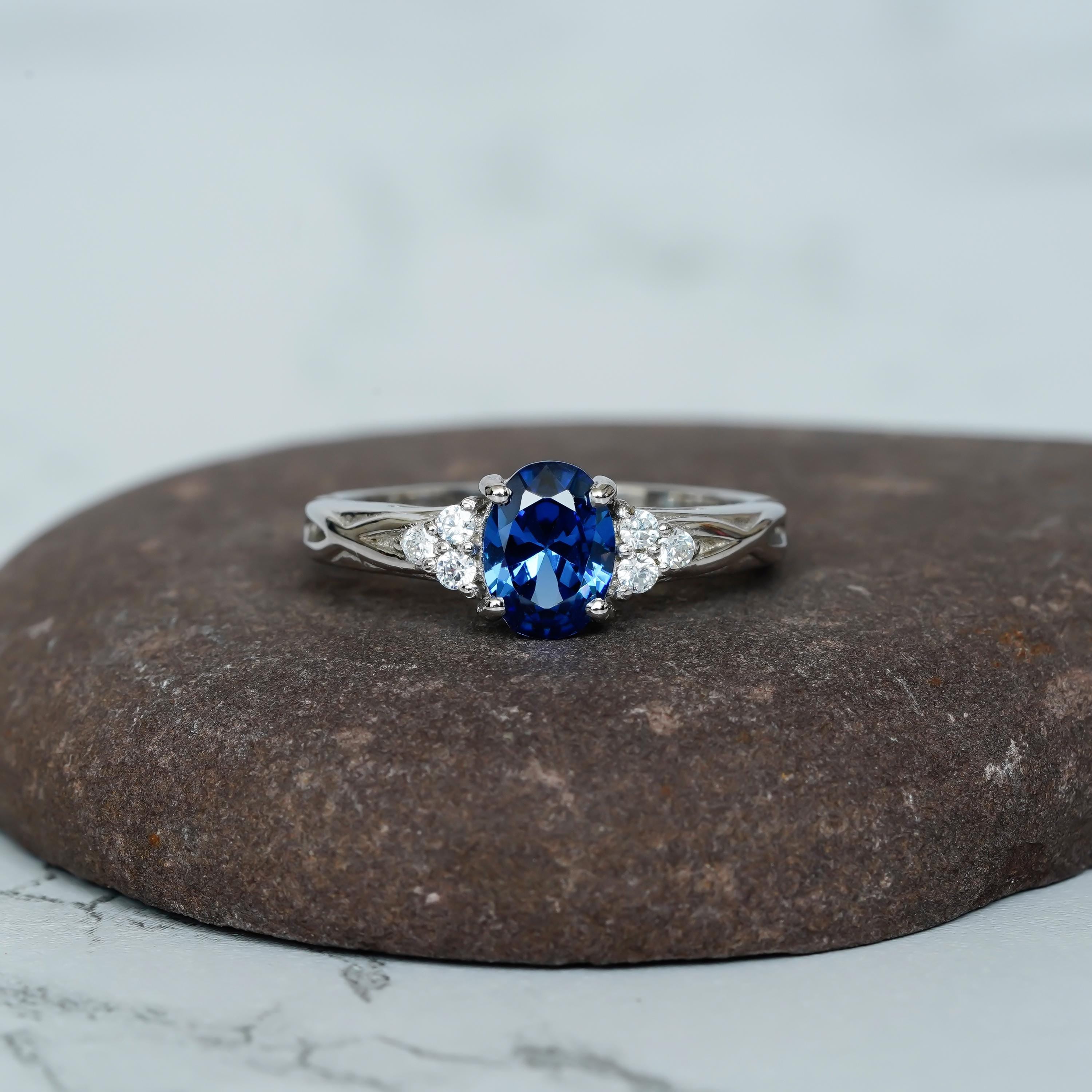 Blue Sapphire Engagement Ring 925 Sterling Silver Oval Bale Sapphire Wedding Ring For Women Proposal Minimalist Pave Set Infinity Band Ring