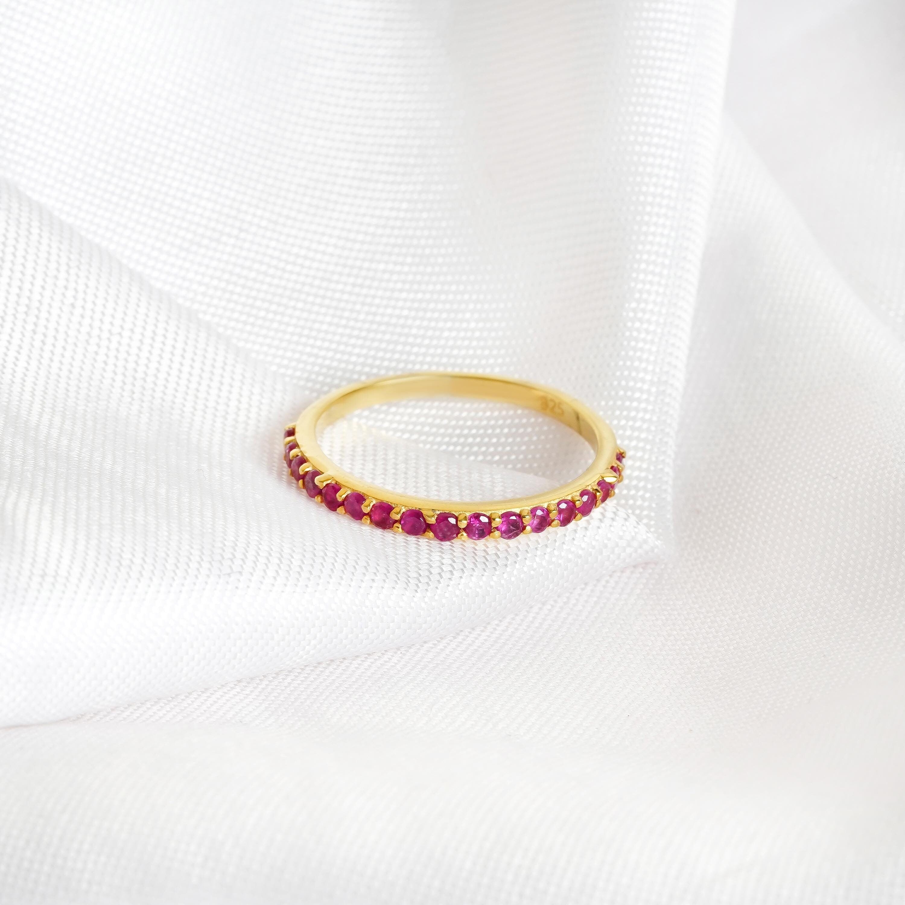 Ruby Half Eternity Band For Women 925 Sterling Silver Stackable Pink Wedding Bridal Anniversary Gift Delicate Minimalist Pave Dainty Band
