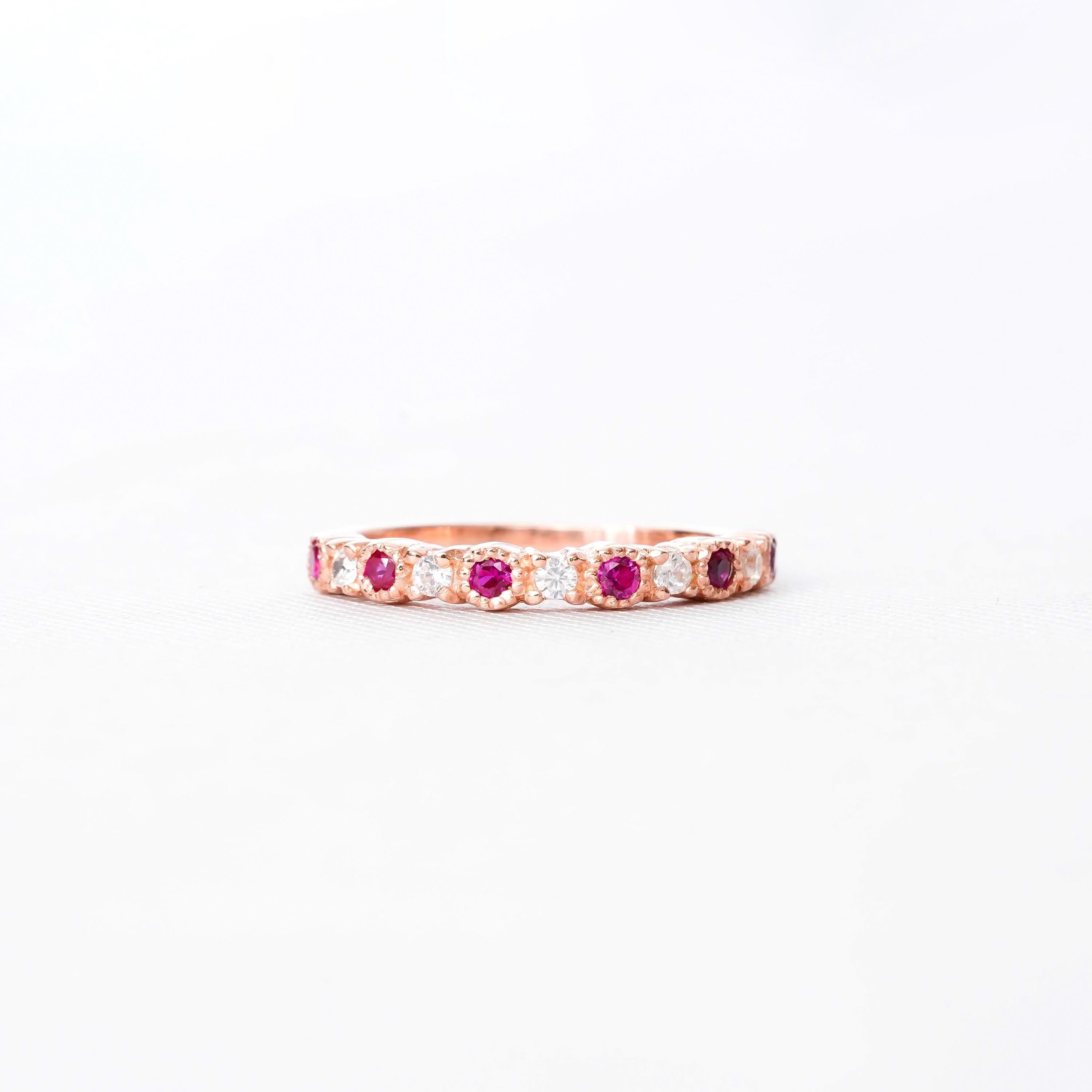 Ruby Wedding Band For Women 925 Sterling Silver With Moissanites Pink Stackable Milgrain Half Eternity Matching Anniversary Dainty Ring Band