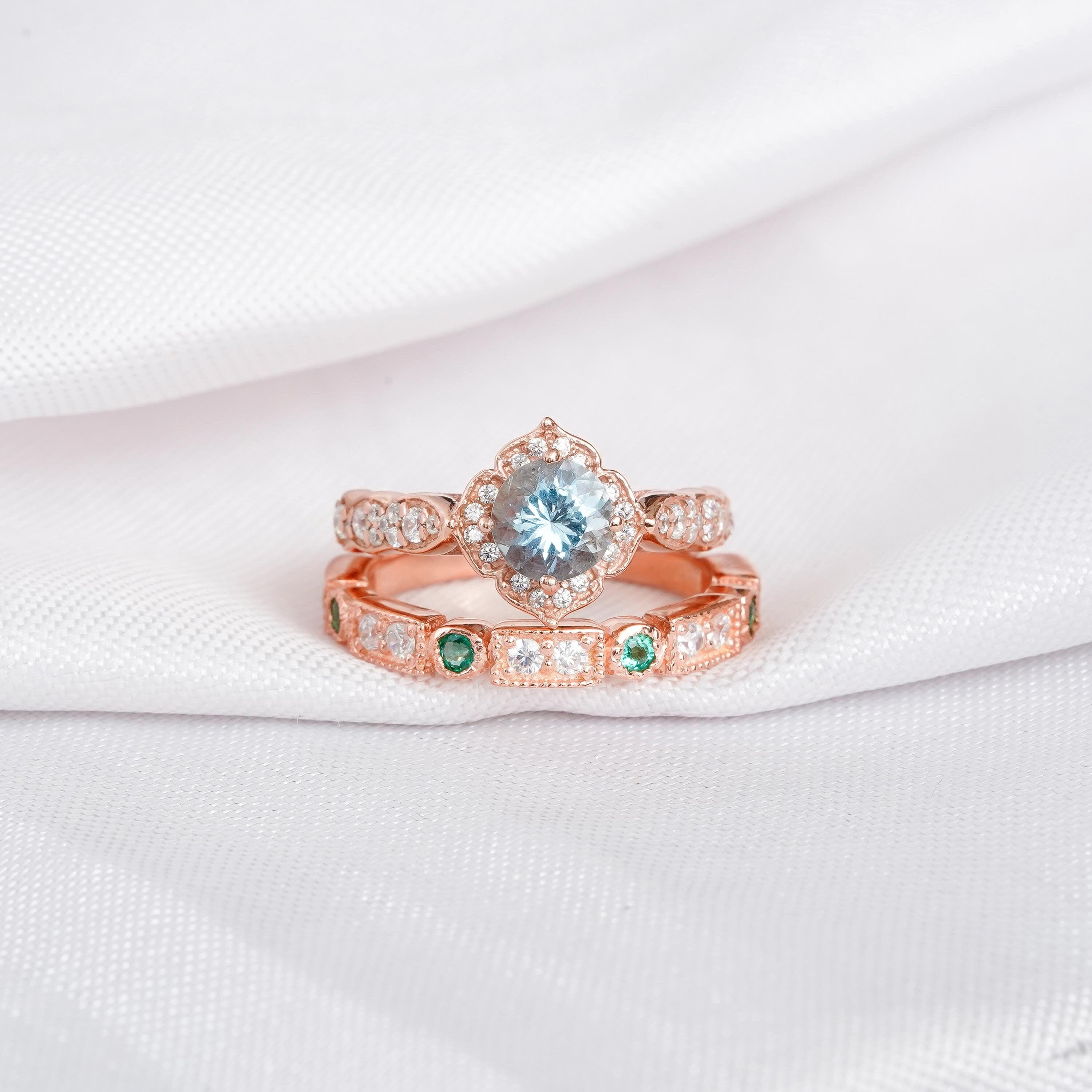Aquamarine Engagement Ring Set For Women With Matching Emerald Dainty Wedding Band Floral Halo Vintage Art Deco 1.5ct Bridal Proposal Ring