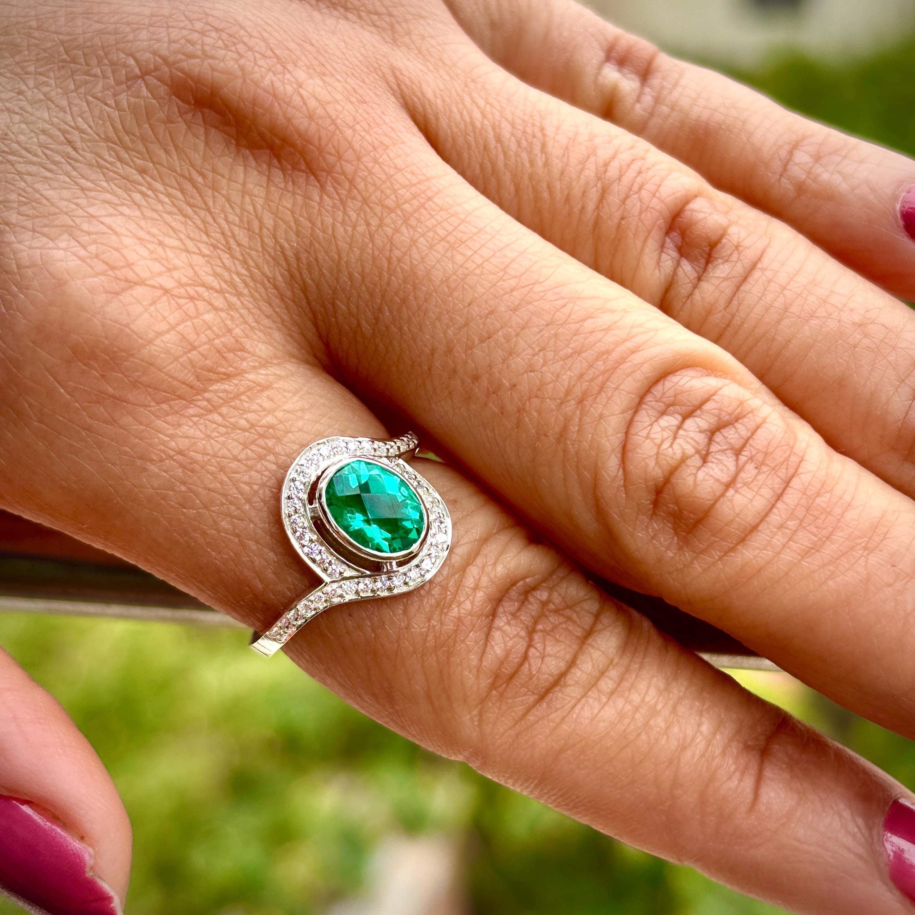 Oval Emerald Engagement Ring 925 Sterling Silver Bezel Set Bypass Band Wedding Ring Halo Bridal Channel Pave Set Anniversary Gift For Her