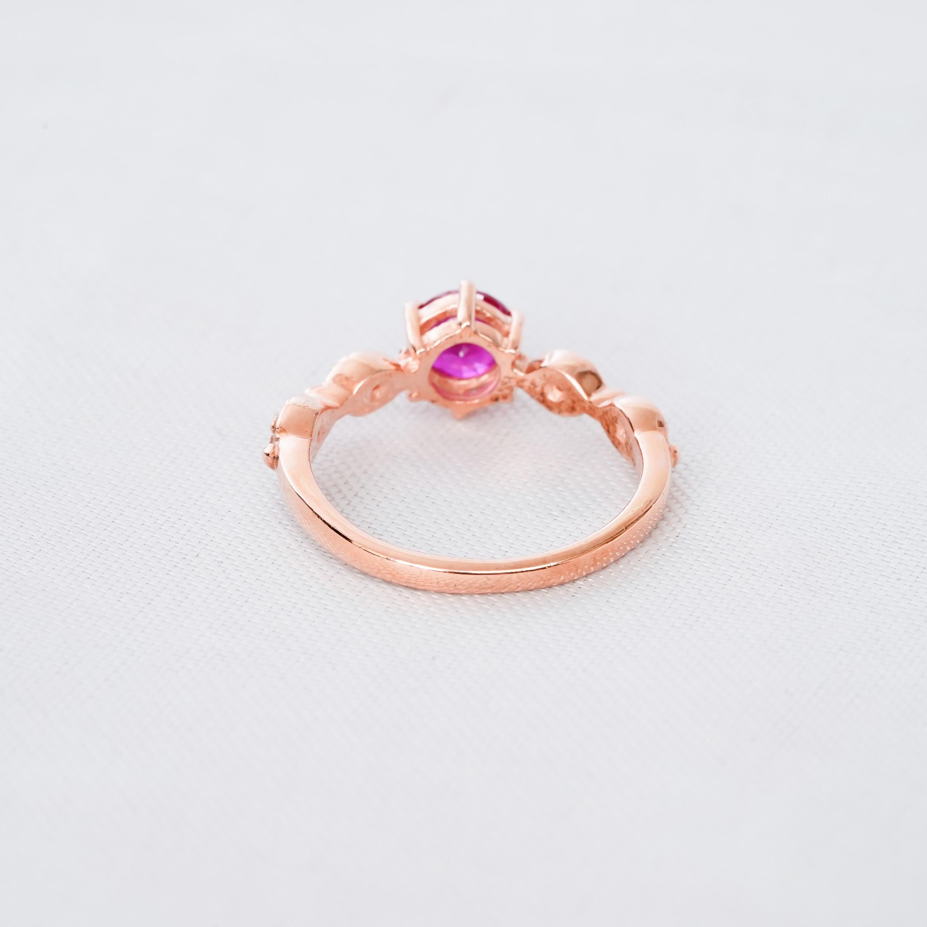 1.5ct Ruby Ring Set With Matching Ruby Leaf Wedding Band For Women Round Milgrain Solitaire Eternity Engagement 6 Prong Bridal Promise Ring