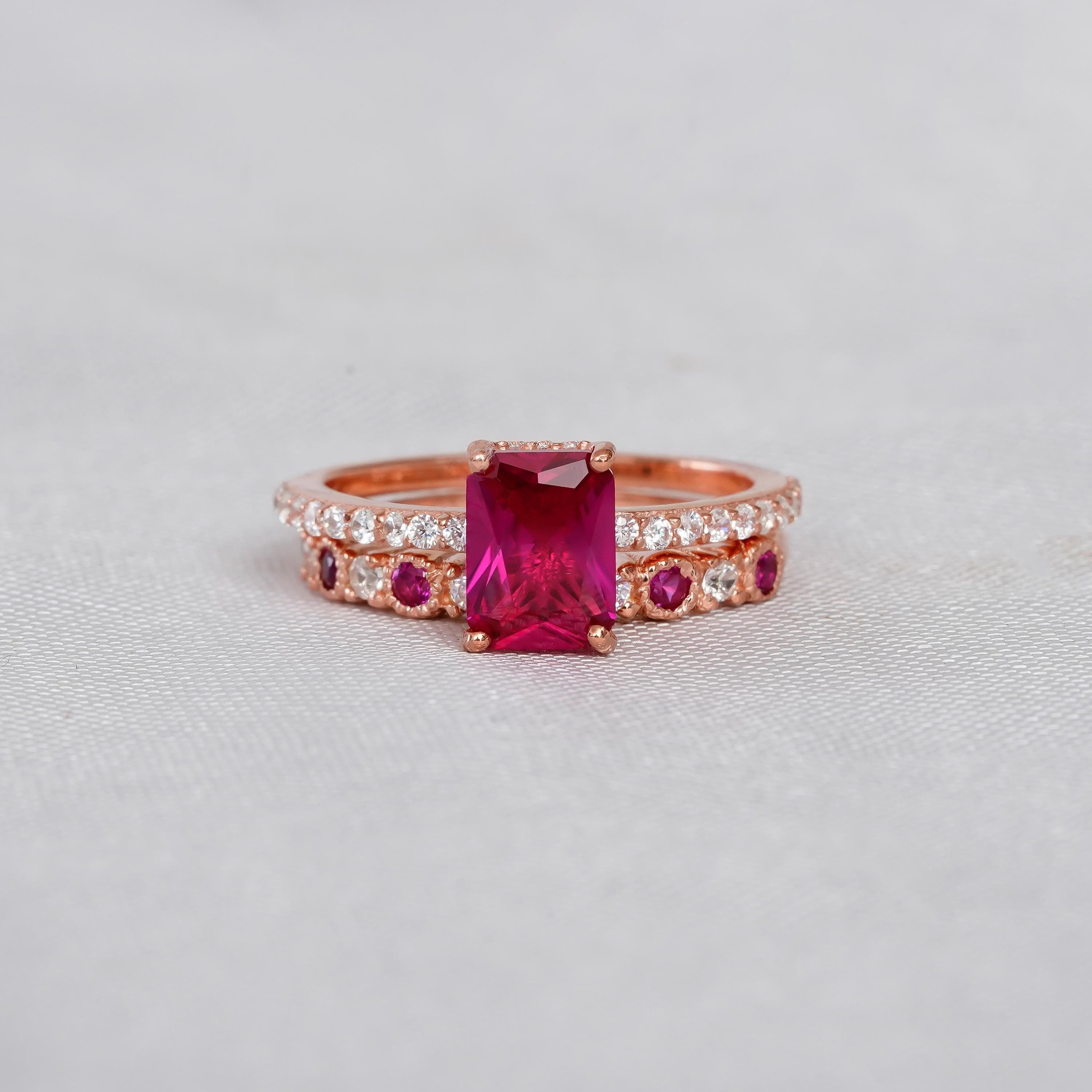 Ruby Engagement Ring Set Matching Ruby Dainty Wedding Band For Women Radiant Cut Art Deco Solitaire Hidden Halo Prong Bridal Promise Ring