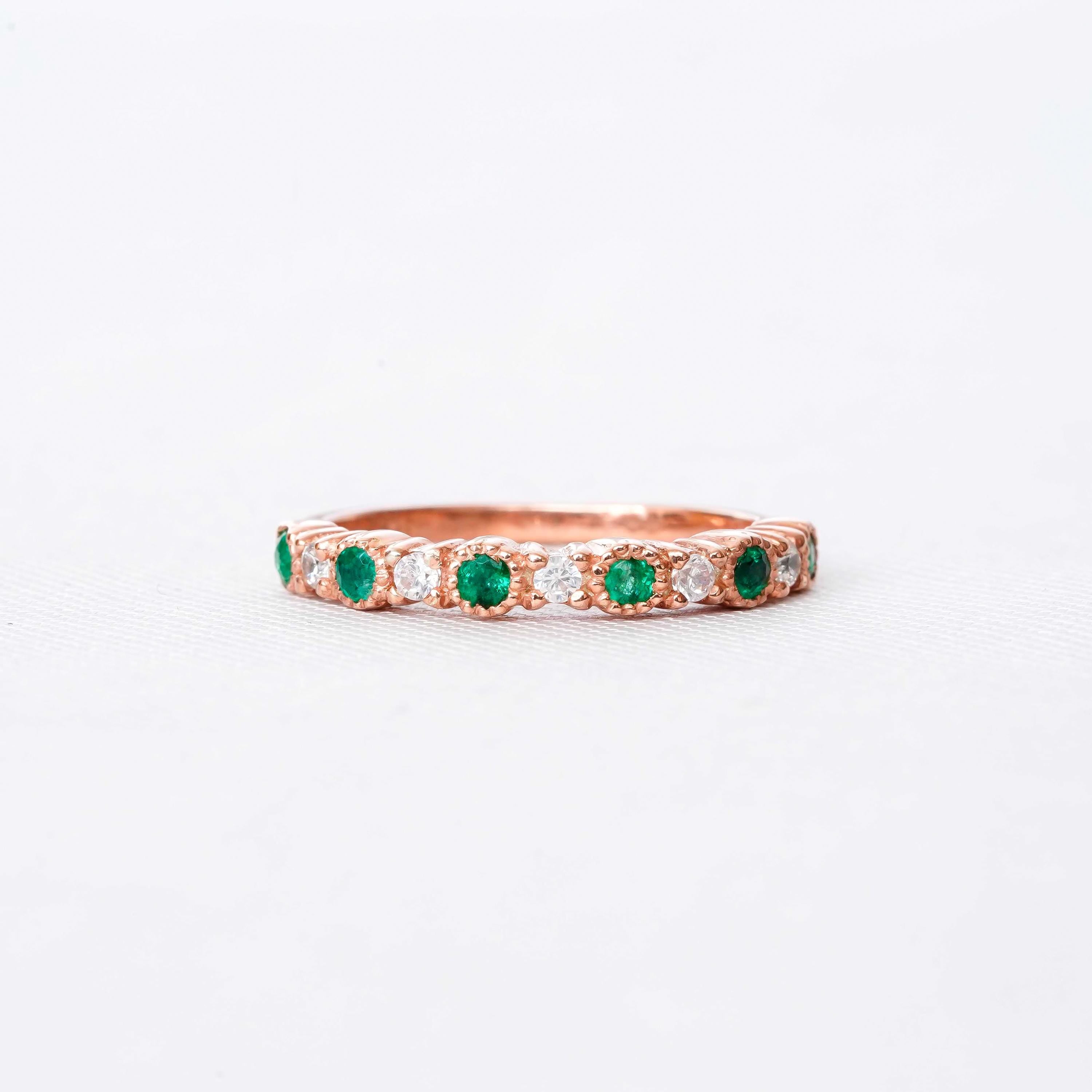 Emerald Wedding Band For Women 925 Sterling Silver With Moissanites Green Stackable Half Eternity Matching Anniversary Gift Dainty Ring Band