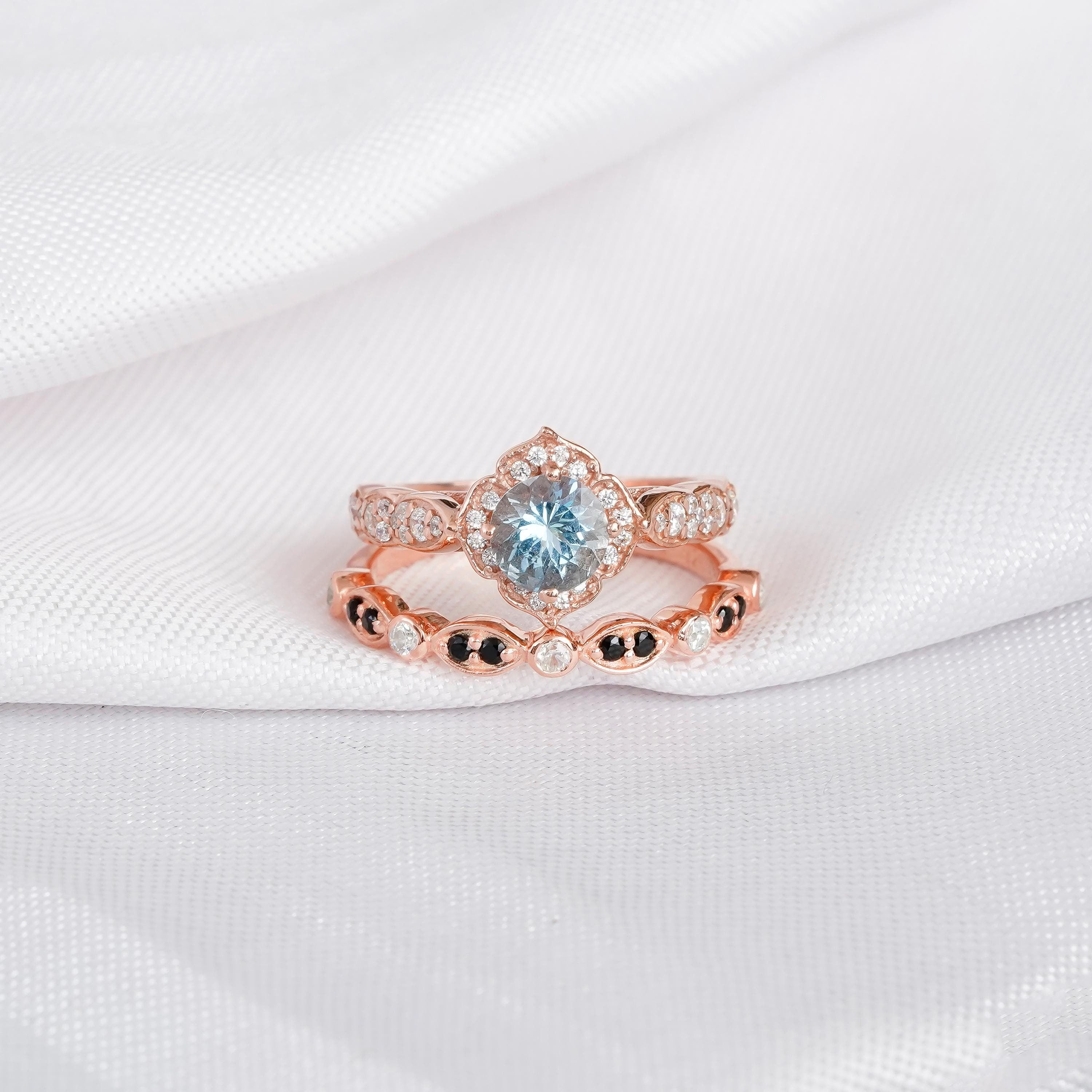 Aquamarine Ring Set For Women With Matching Black Onyx Dainty Wedding Band Floral Halo Vintage Art Deco 1.5c Engagement Bridal Proposal Ring