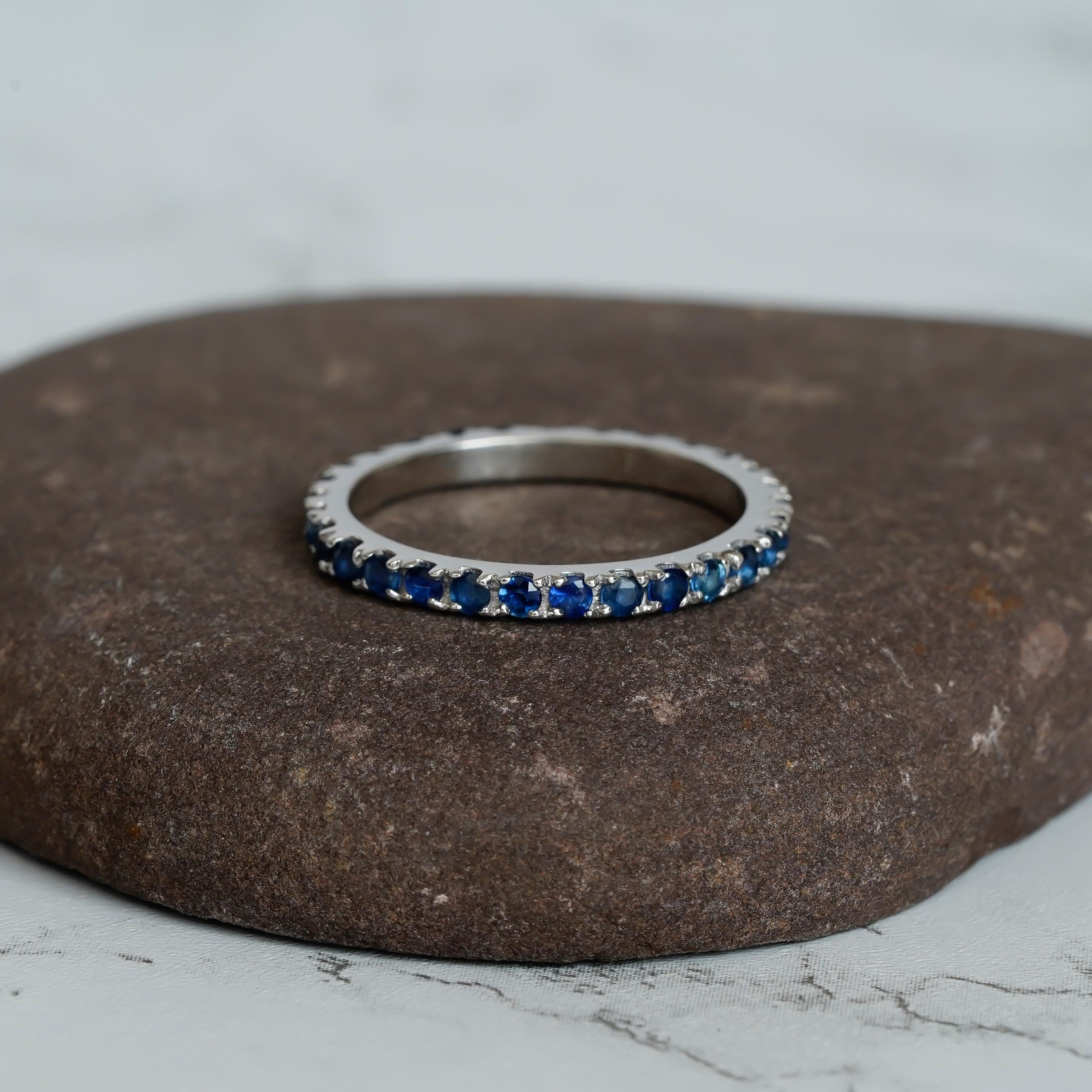 Blue Sapphire Eternity Band For Women 925 Sterling Silver Stackable Delicate Blue Full Eternity Bridal Matching Anniversary Gift Dainty Band