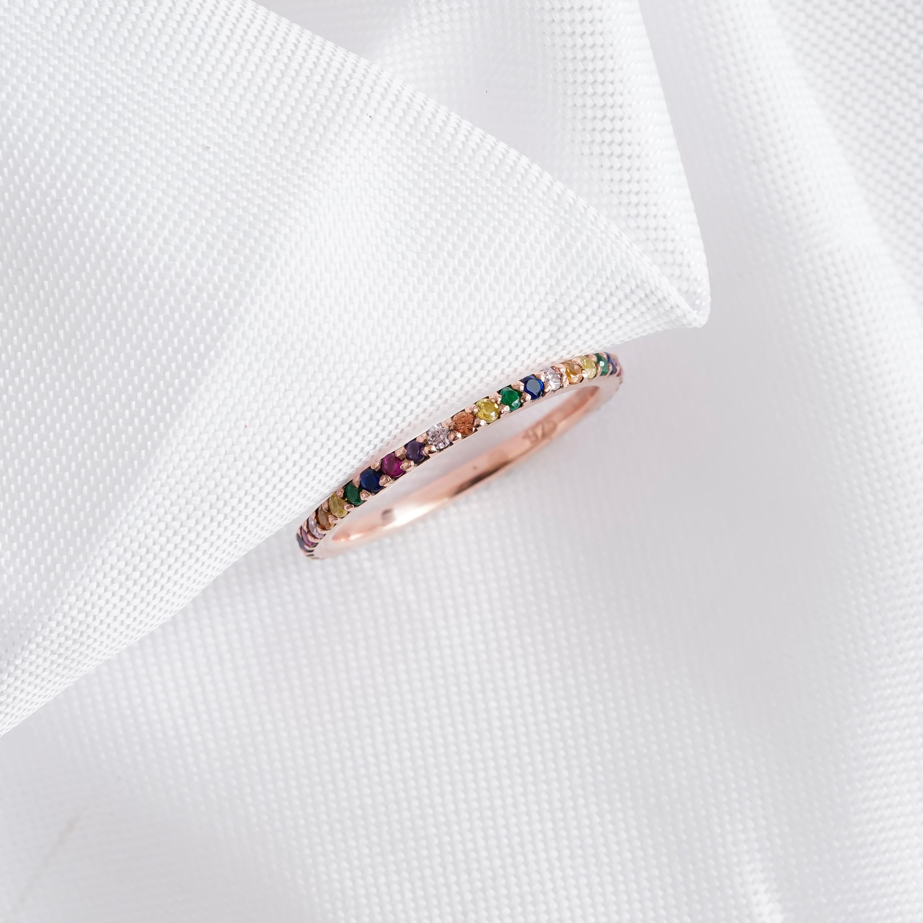 Multicolor Eternity Band For Women 925 Sterling Silver CZ Rainbow Stackable Delicate Full  Eternity Bridal Matching Anniversary Gift Dainty