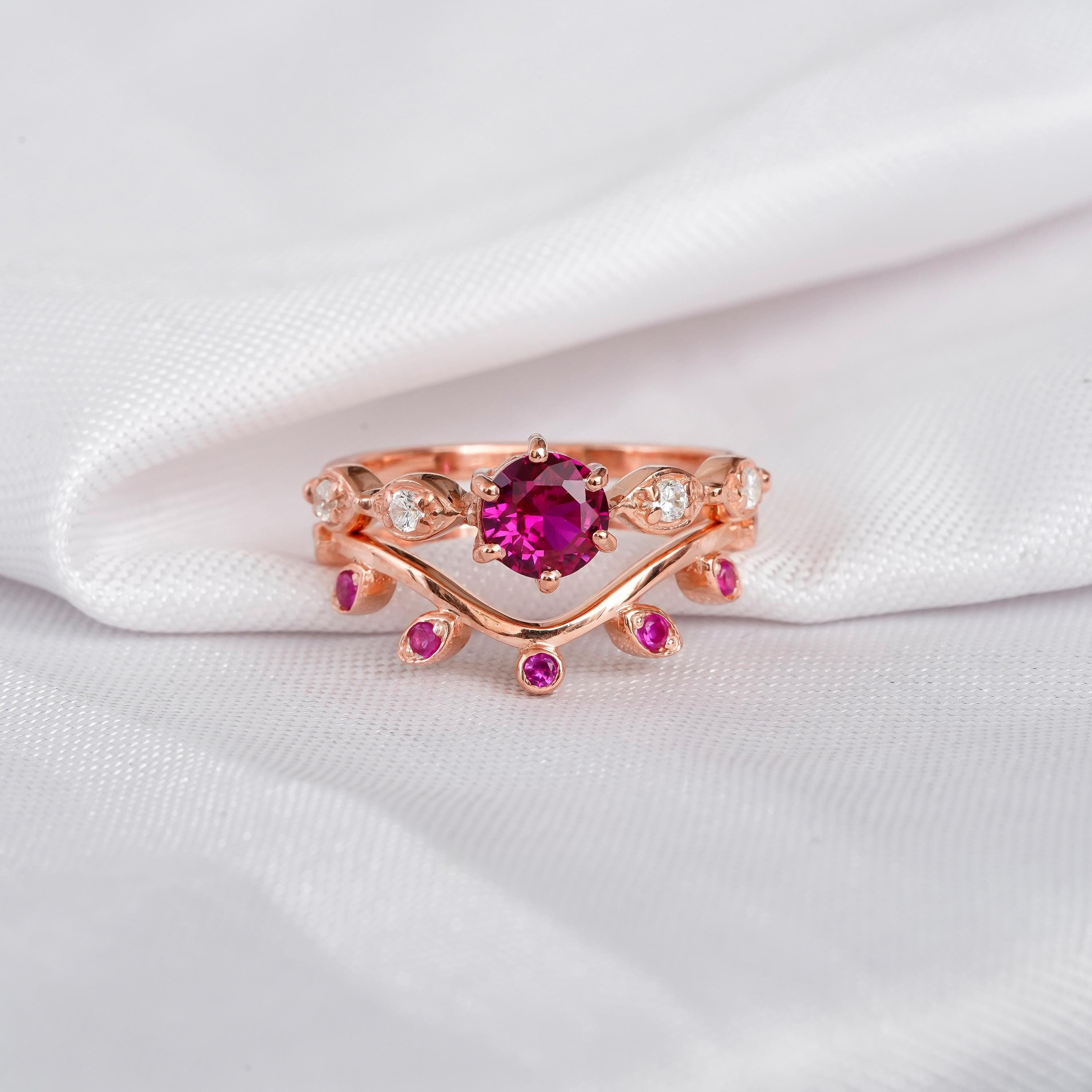 1.5ct Ruby Ring Set With Matching Ruby Leaf Wedding Band For Women Round Milgrain Solitaire Eternity Engagement 6 Prong Bridal Promise Ring