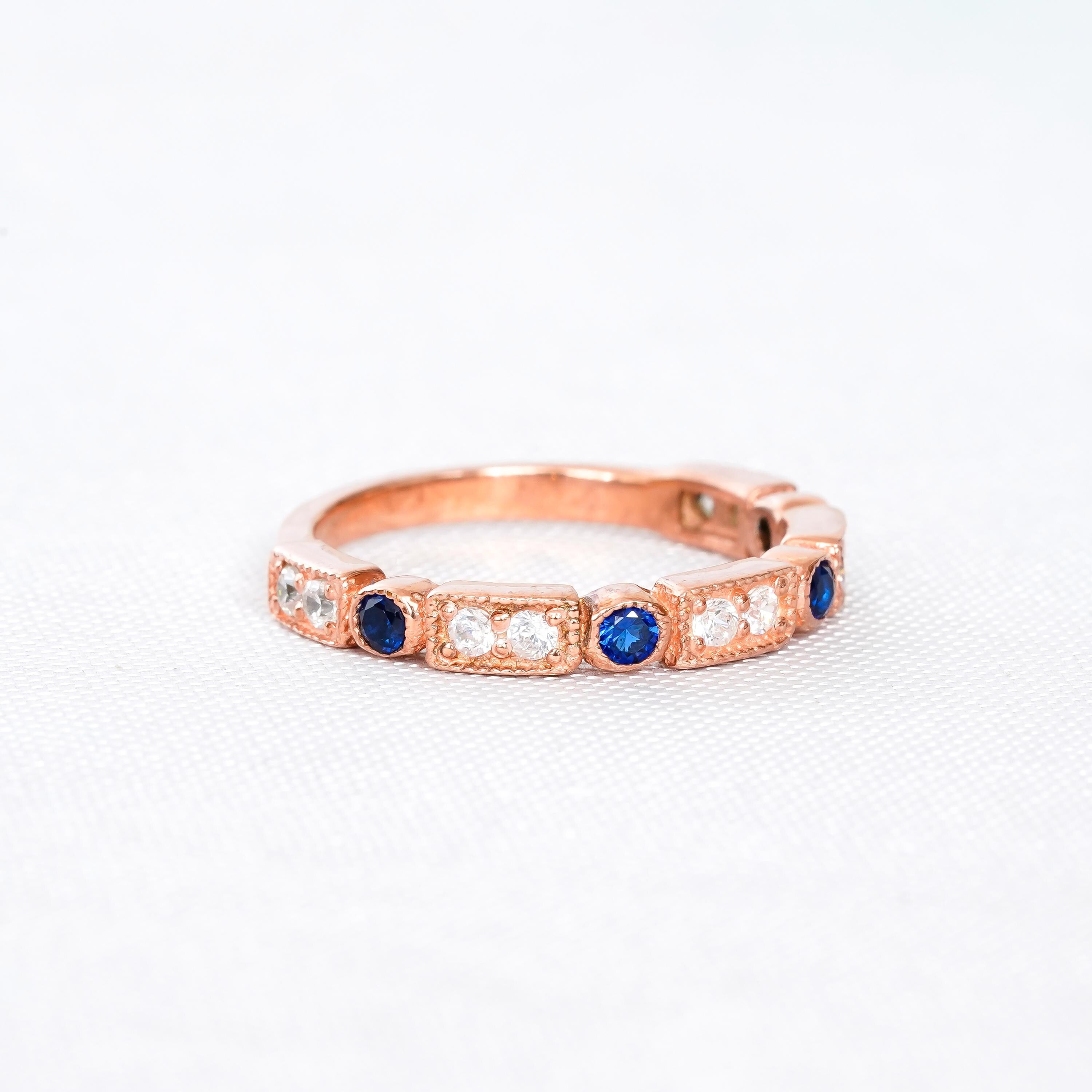Blue Sapphire Wedding Band For Women 925 Sterling Silver With Moissanites Stackable Half Eternity Matching Anniversary Gift Dainty Ring Band
