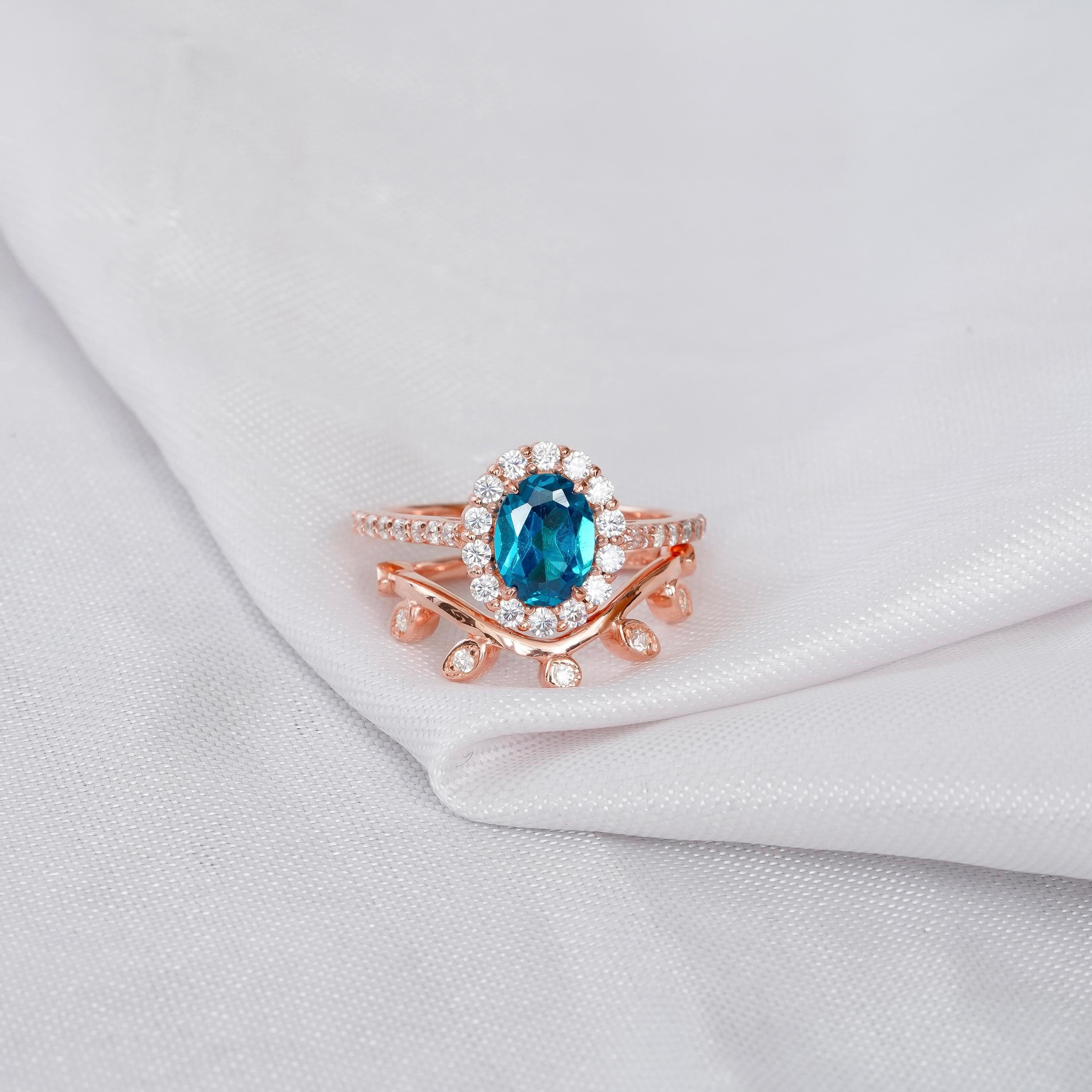 Blue Topaz Engagement Ring Set For Women 925 Sterling Silver Halo London Blue Topaz  Bridal 1.5ct Ring Matching Moissanite Leaf Wedding Band