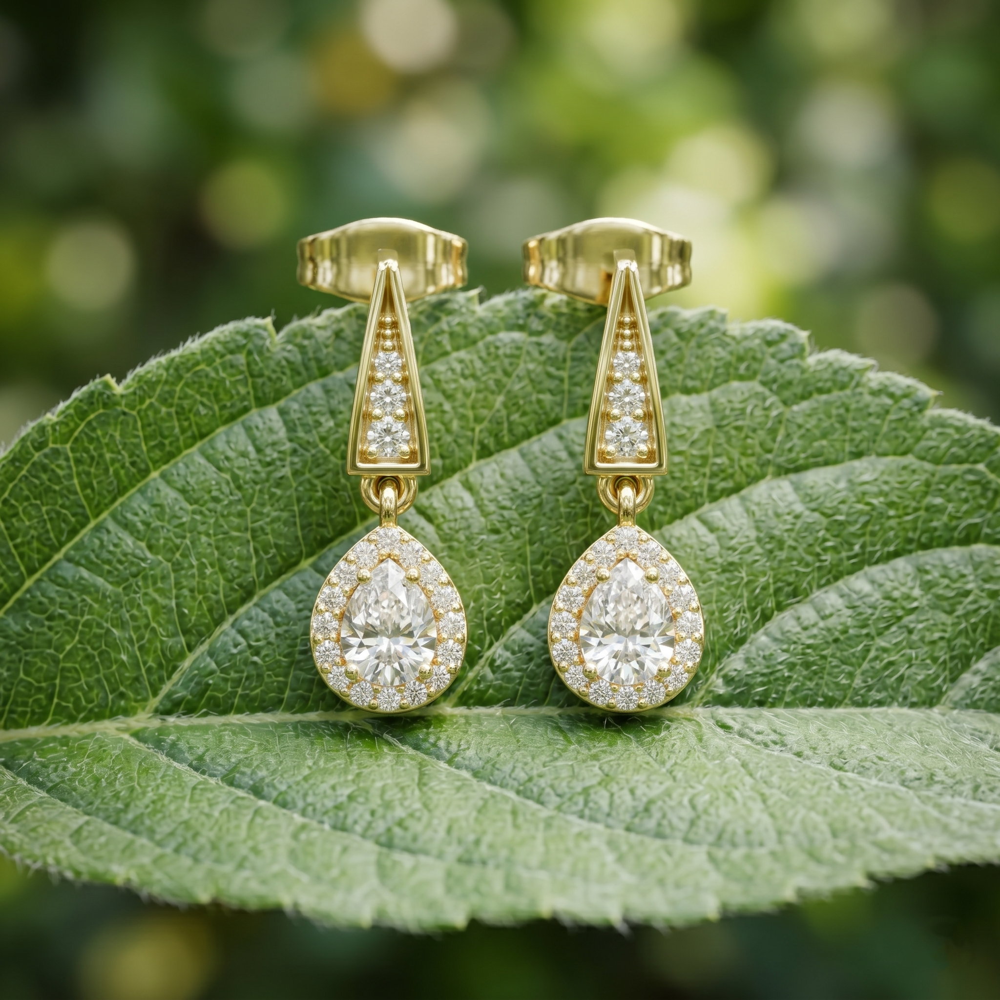 Tear Drop Moissanite Bridal Earrings, Art Deco Geometric Dangle Halo Wedding