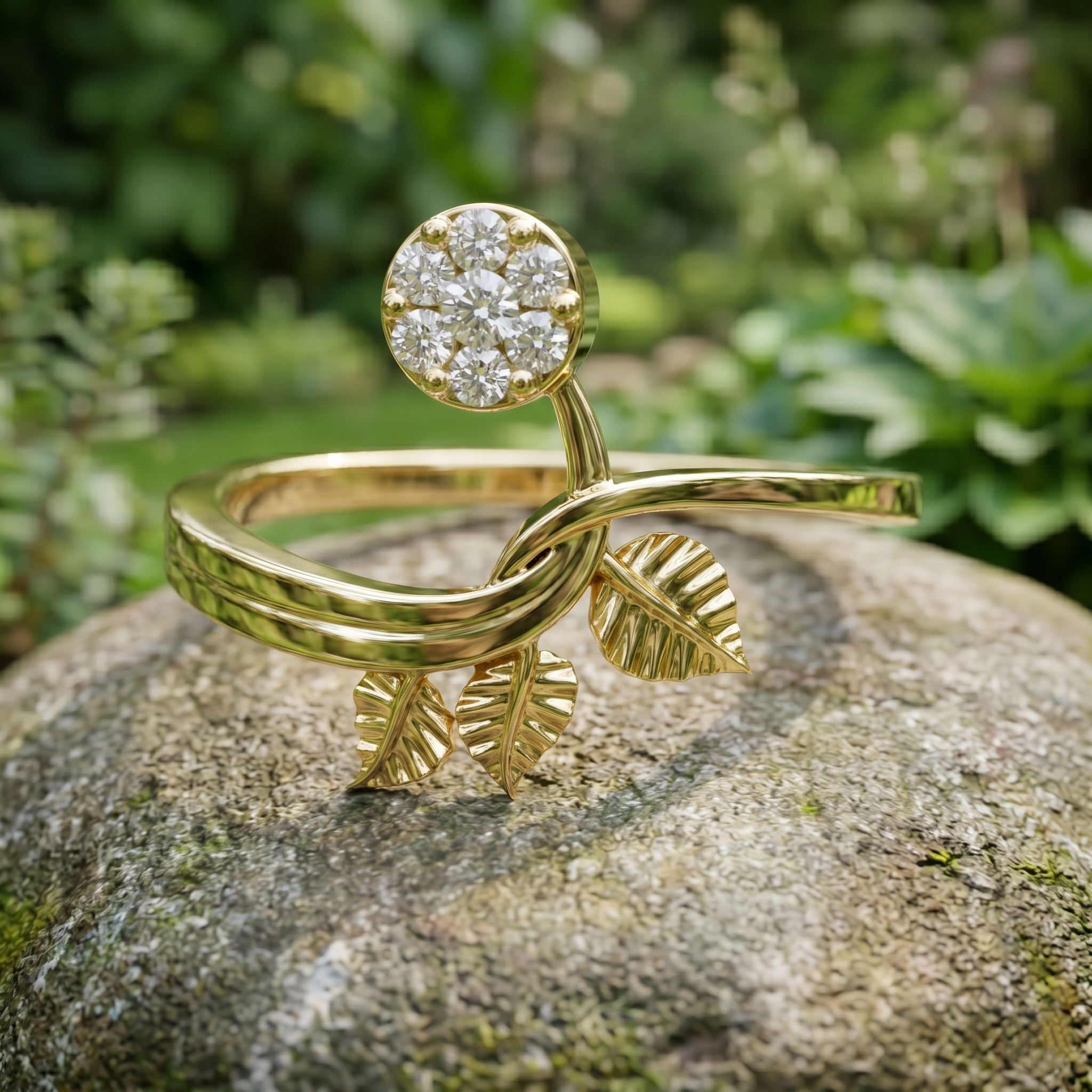 14K Solid Gold Leaf Branch Moissanite Ring, Nature Inspired Botanical Engagement Floral Ring