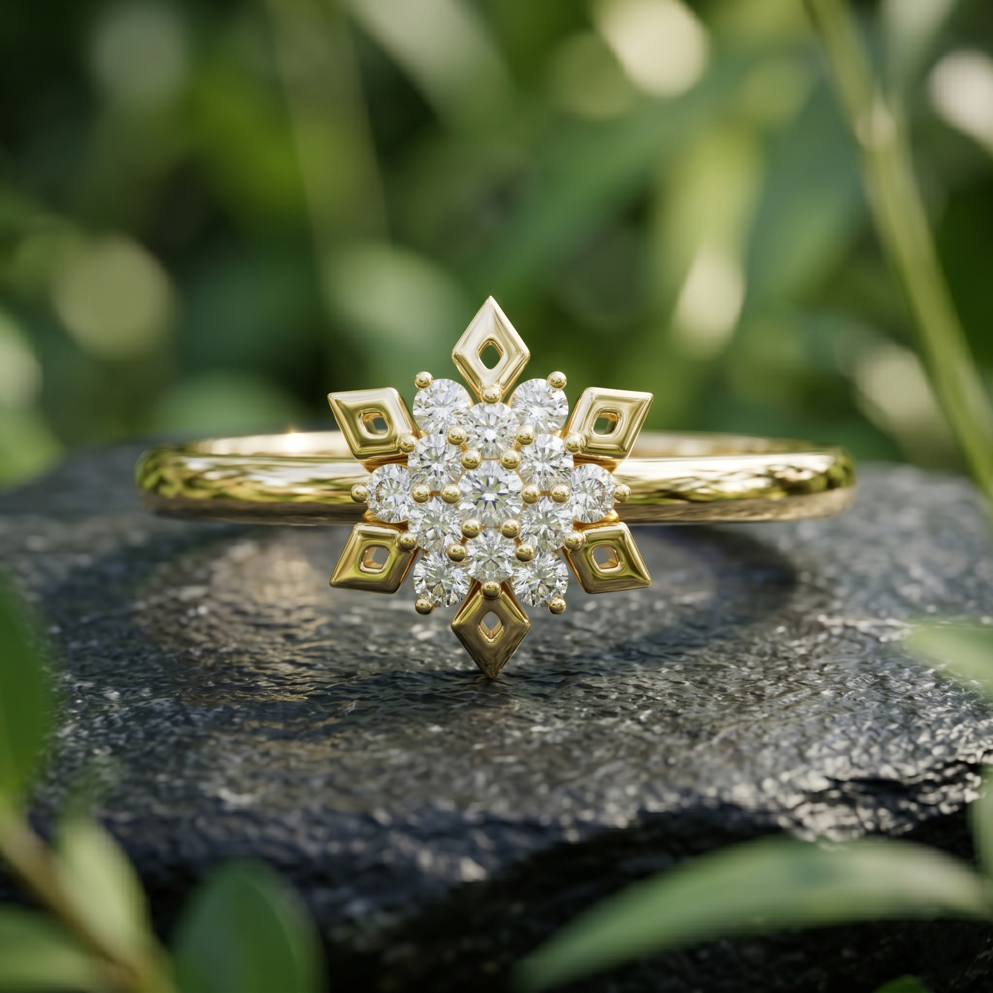 Vintage Moissanite Snowflake Ring, 14k Rose Gold Floral Starburst Engagement Wedding Band