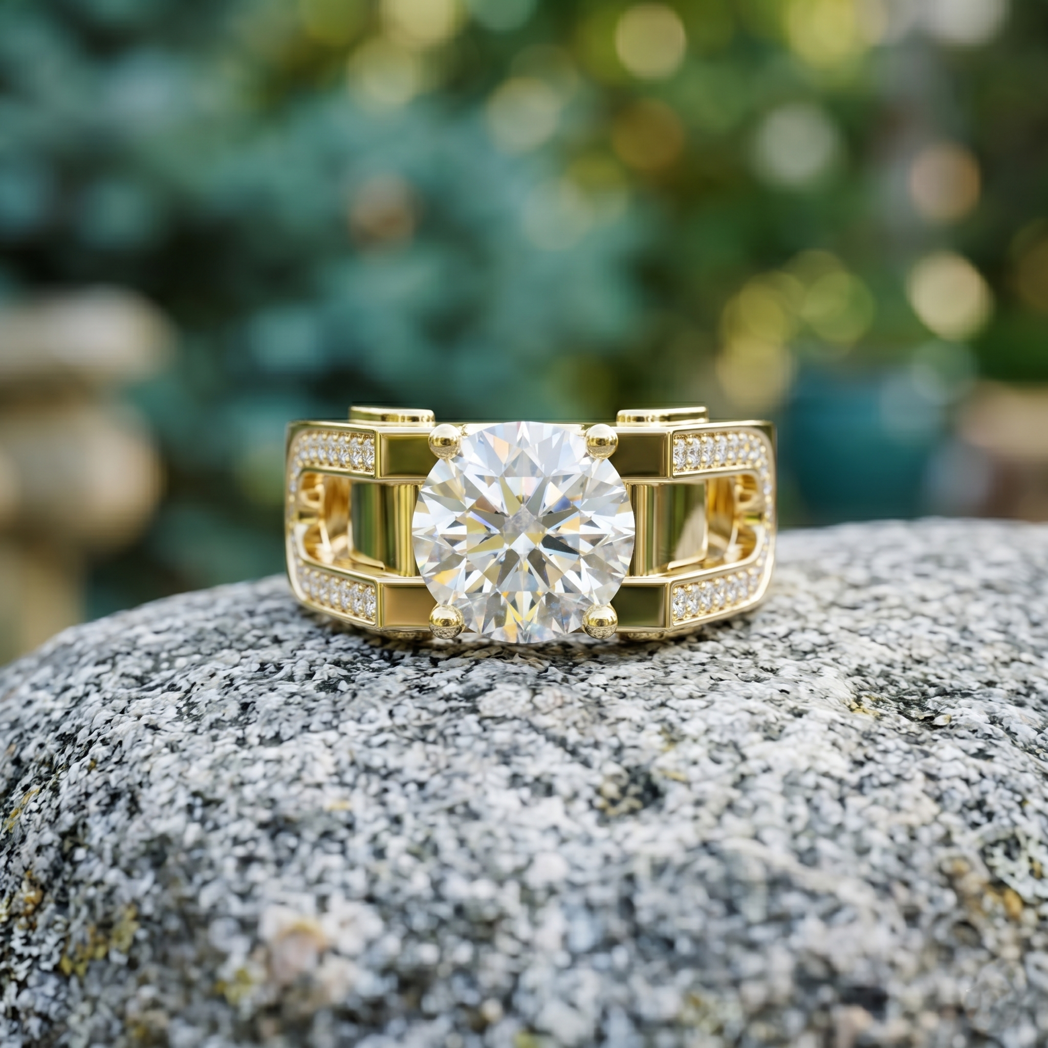 Men's Round Cut Moissanite Statement Ring, Sterling Silver Anniversary Band