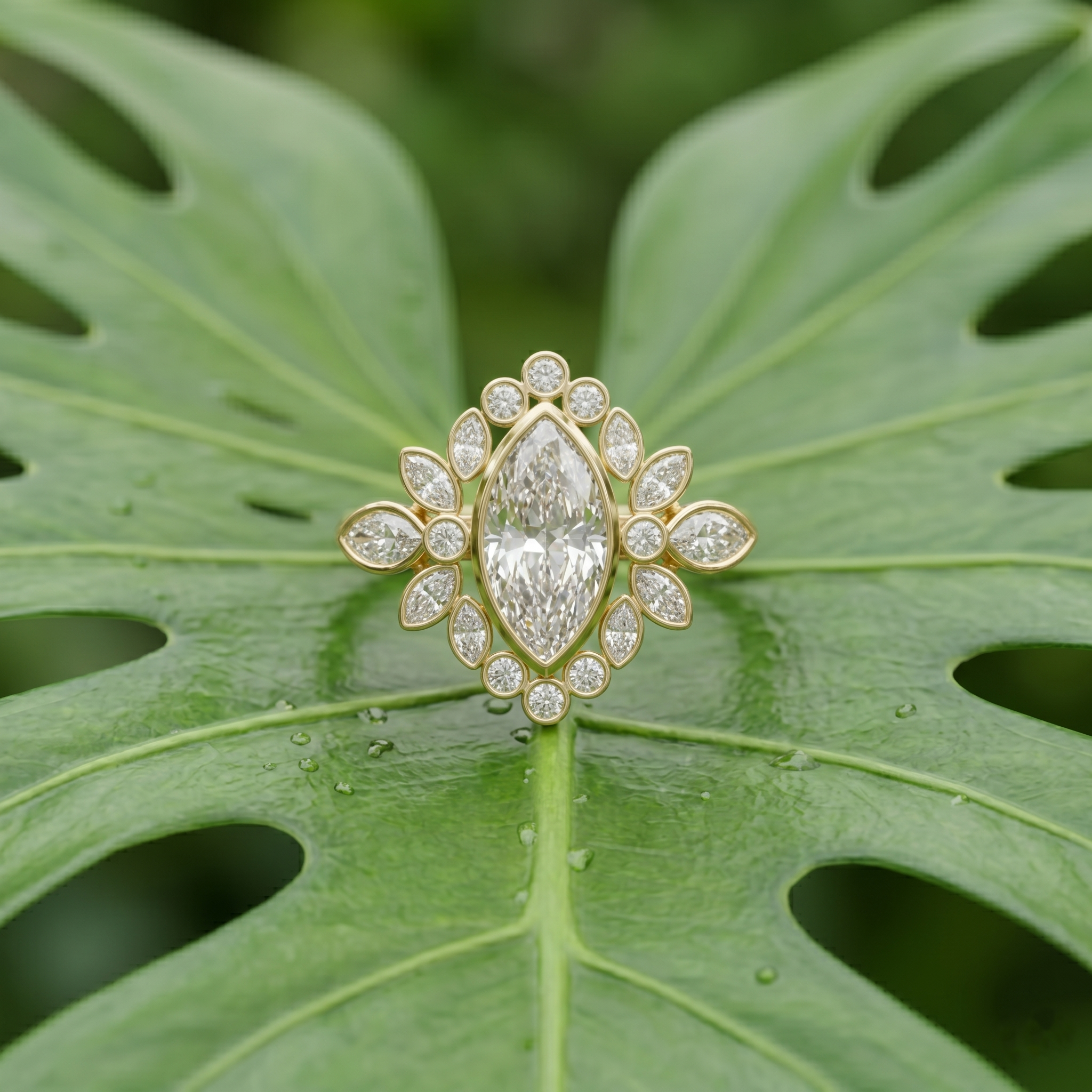 Marquise Cut Moissanite Engagement Ring, Rose Gold Over Silver Vintage Halo Ring, Art Deco Cluster Promise Ring, Handmade Fine Jewelry Gift