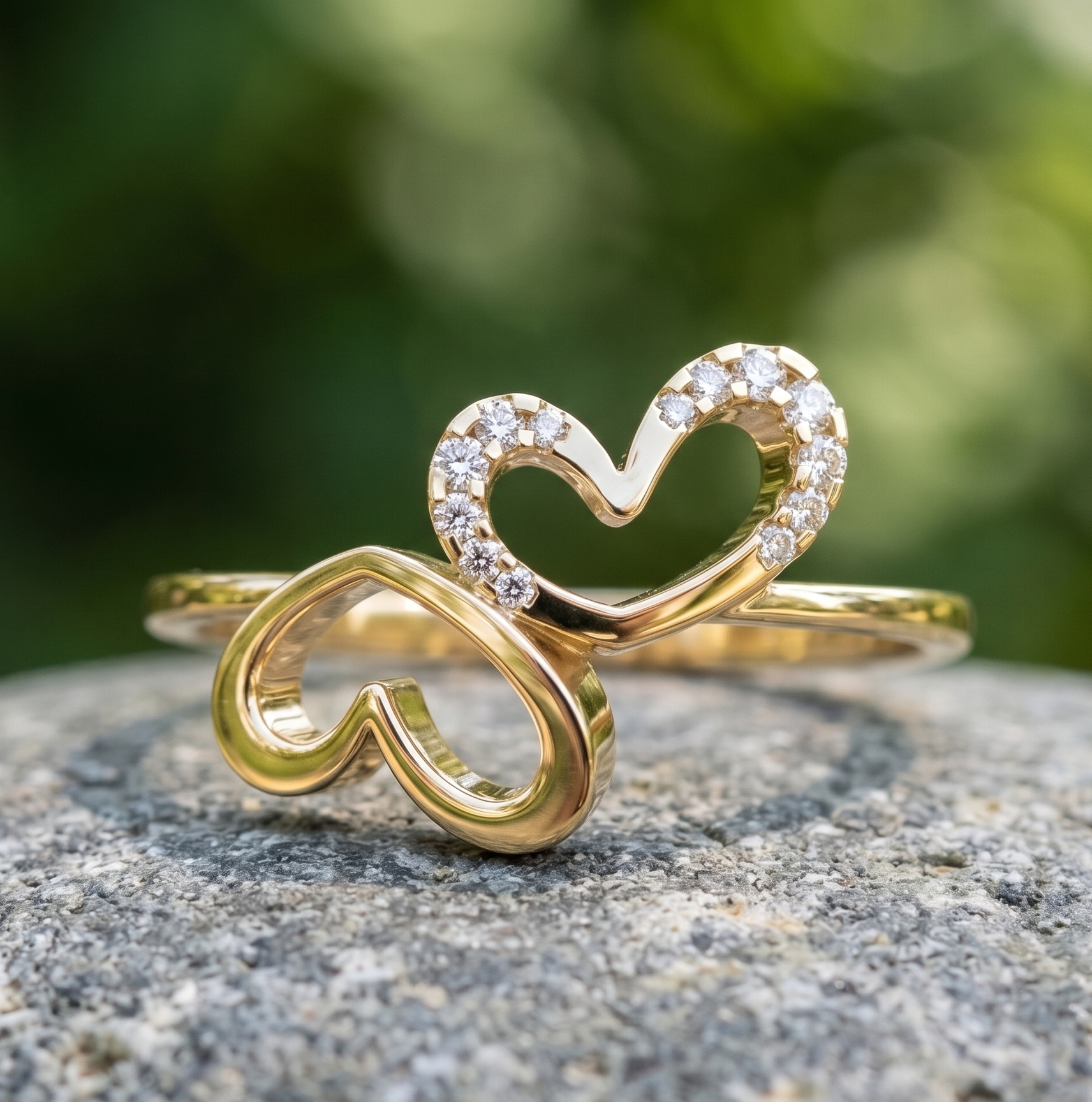 Interlocking Double Heart Moissanite Ring, 14K Solid Rose Gold, Dainty Wedding Promise Ring