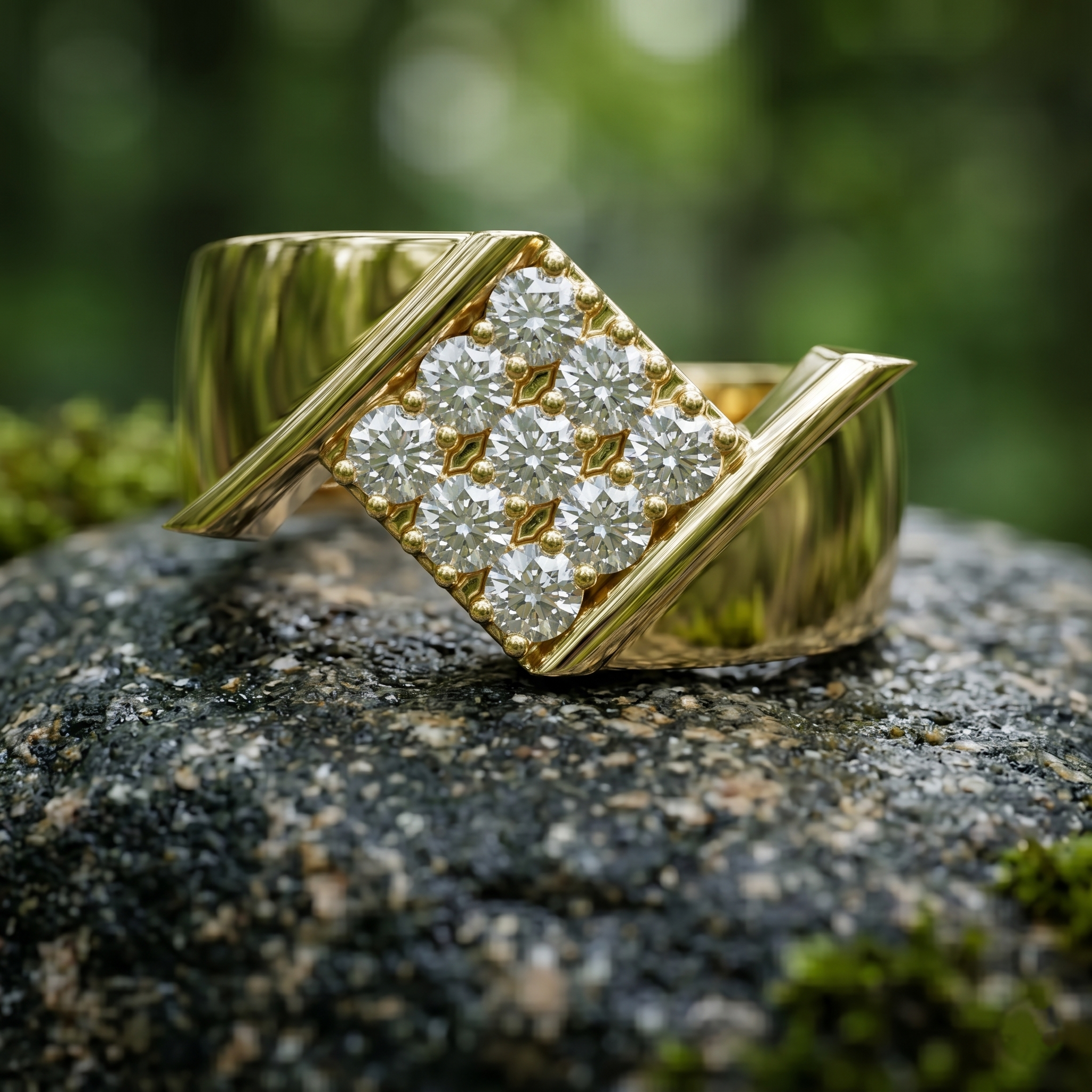 Men's Square Moissanite Ring, Rose Gold Plated Sterling Silver, Round Cut Cluster Ring