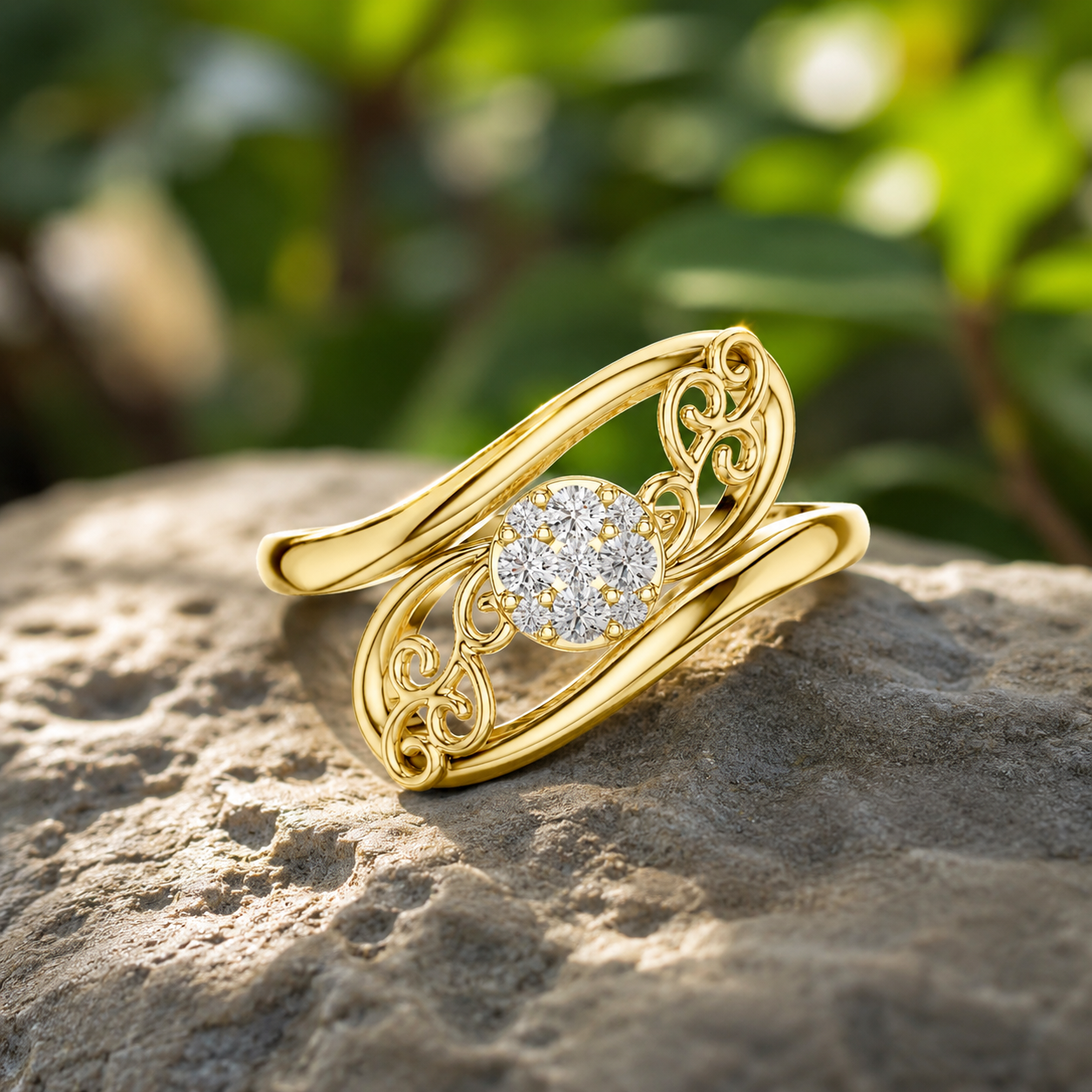 Art Deco Moissanite Ring, 14K Solid Gold Filigree Swirl Cluster, Nature Inspired Jewelry