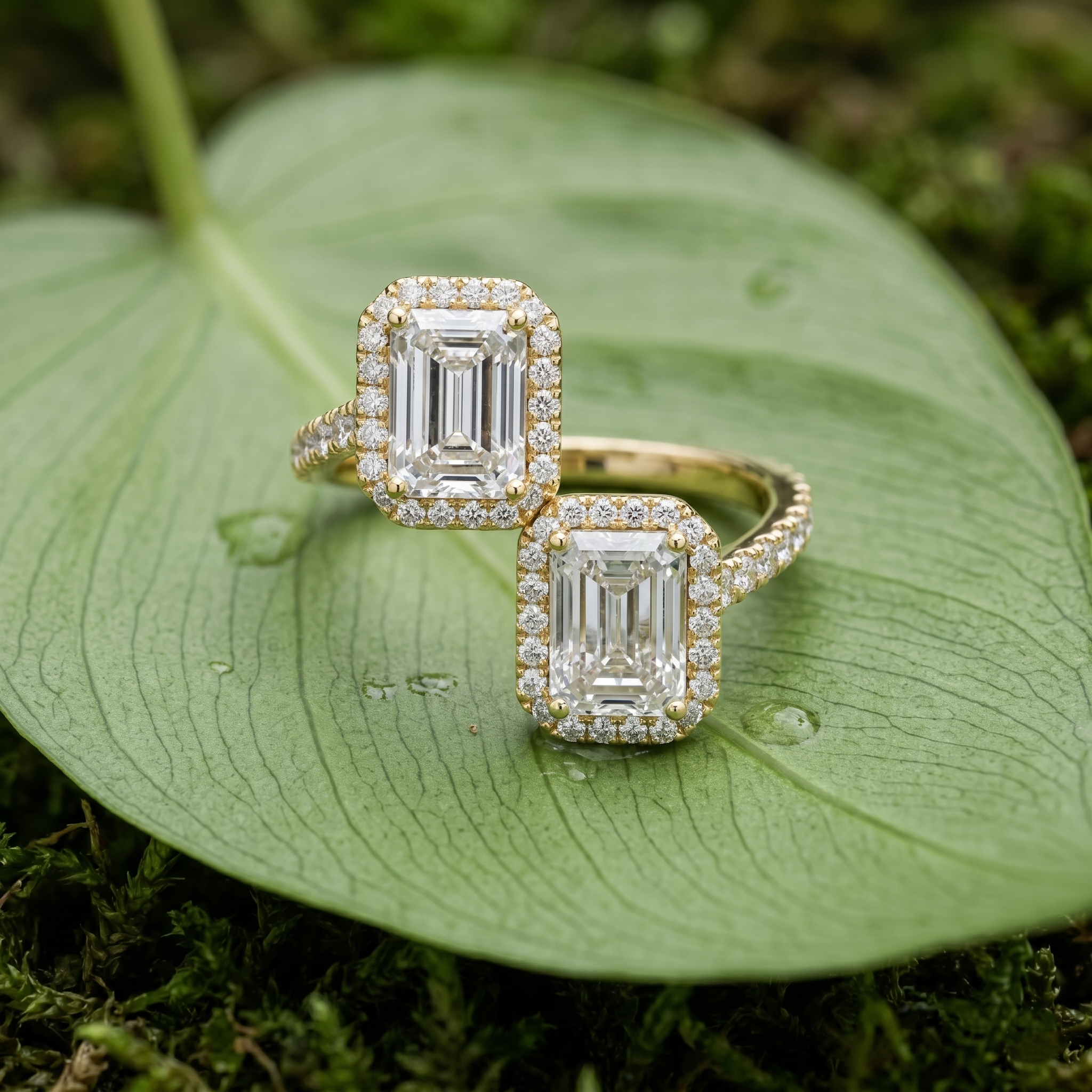 Toi et Moi Moissanite Ring, Emerald Cut Two Stone Open Bypass, Sterling Silver Engagement
