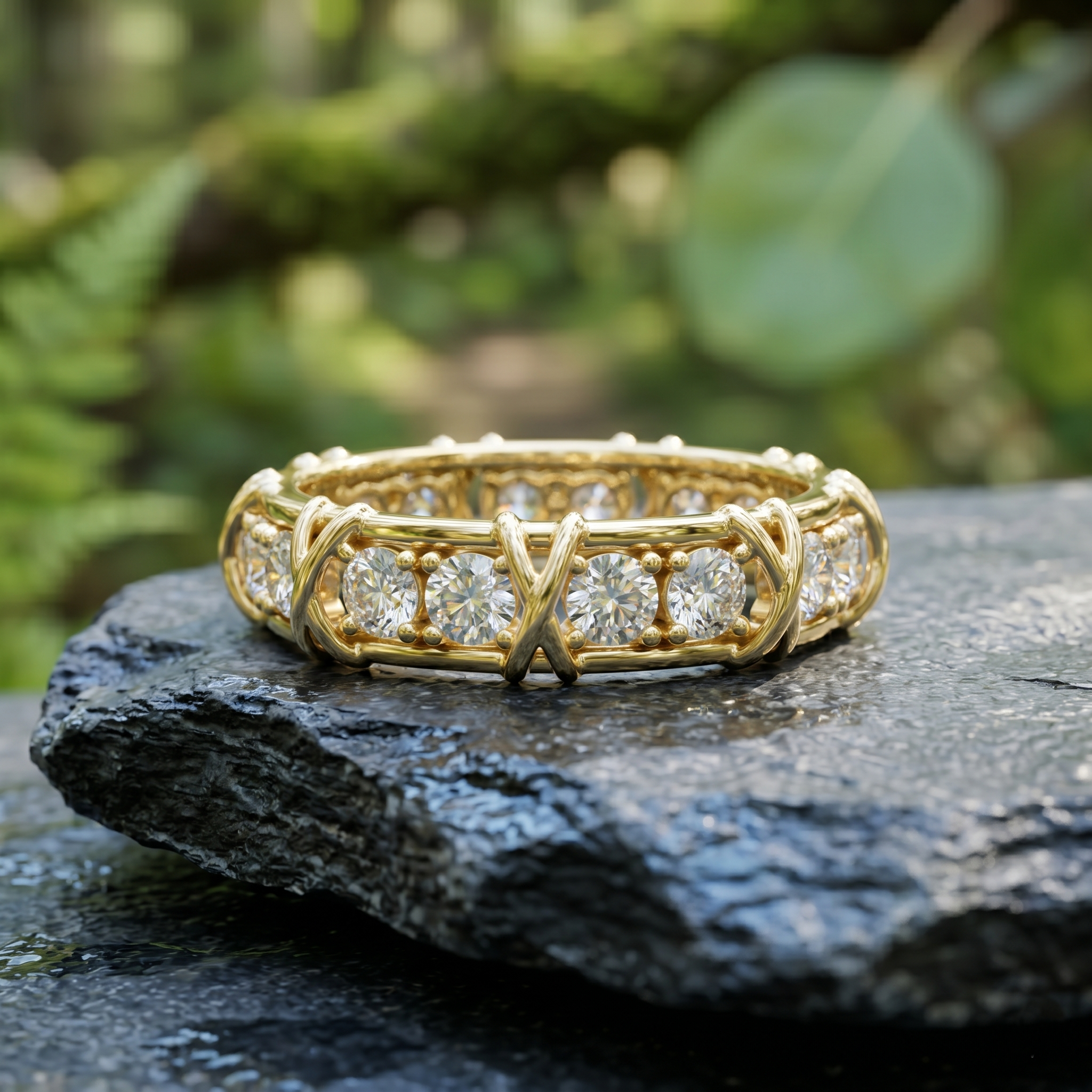 Sterling Silver Moissanite Cross Band Ring, Rose Gold Finish Eternity Wedding Band