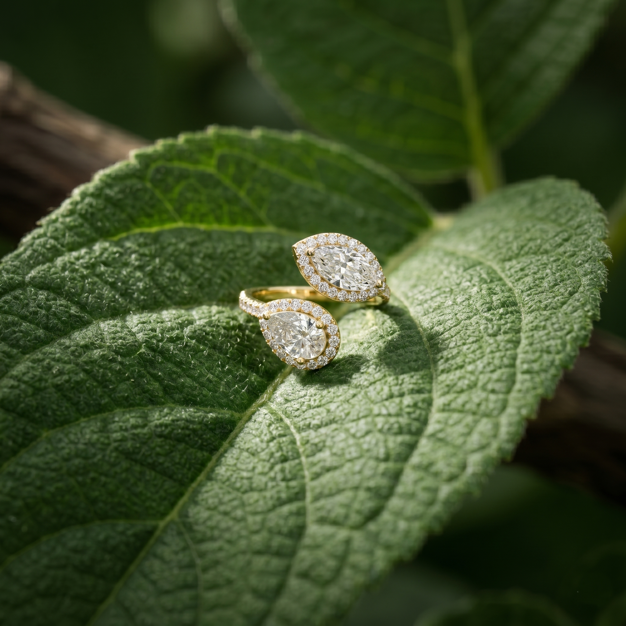 Toi et Moi Pear Marquise Moissanite Ring, Open Bypass Sterling Silver Double Halo Bridal