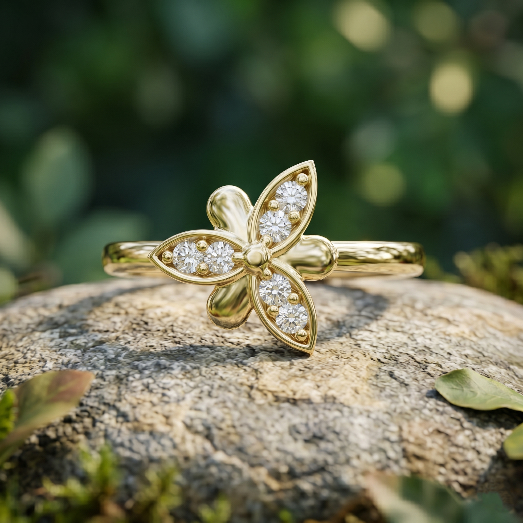 Delicate Butterfly Moissanite Ring, 14k Solid Gold Floral Cluster, Nature Inspired Flower Promise Ring