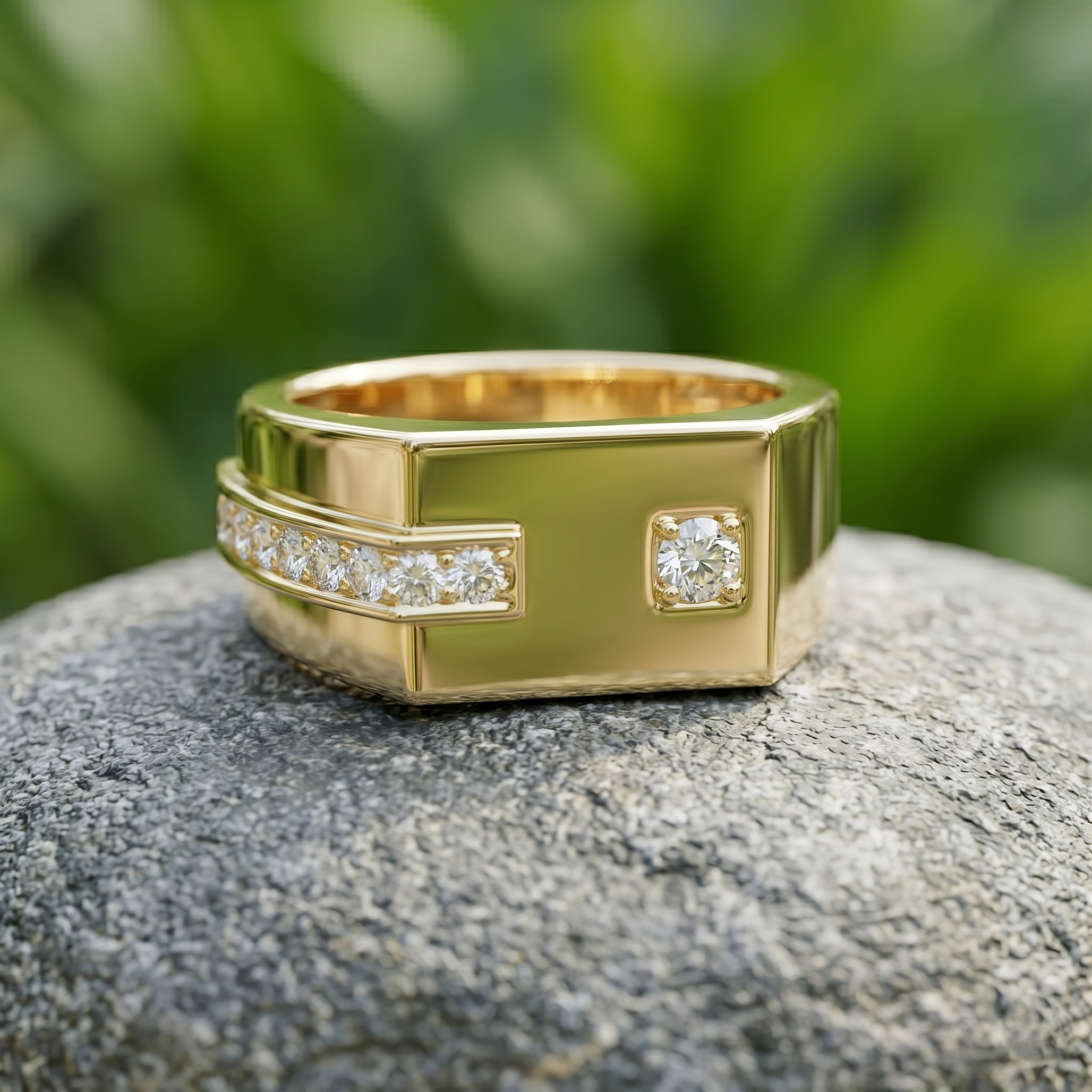 Men's Moissanite Geometric Ring, 925 Sterling Silver Vermeil Band, Flush Set Wedding Gift