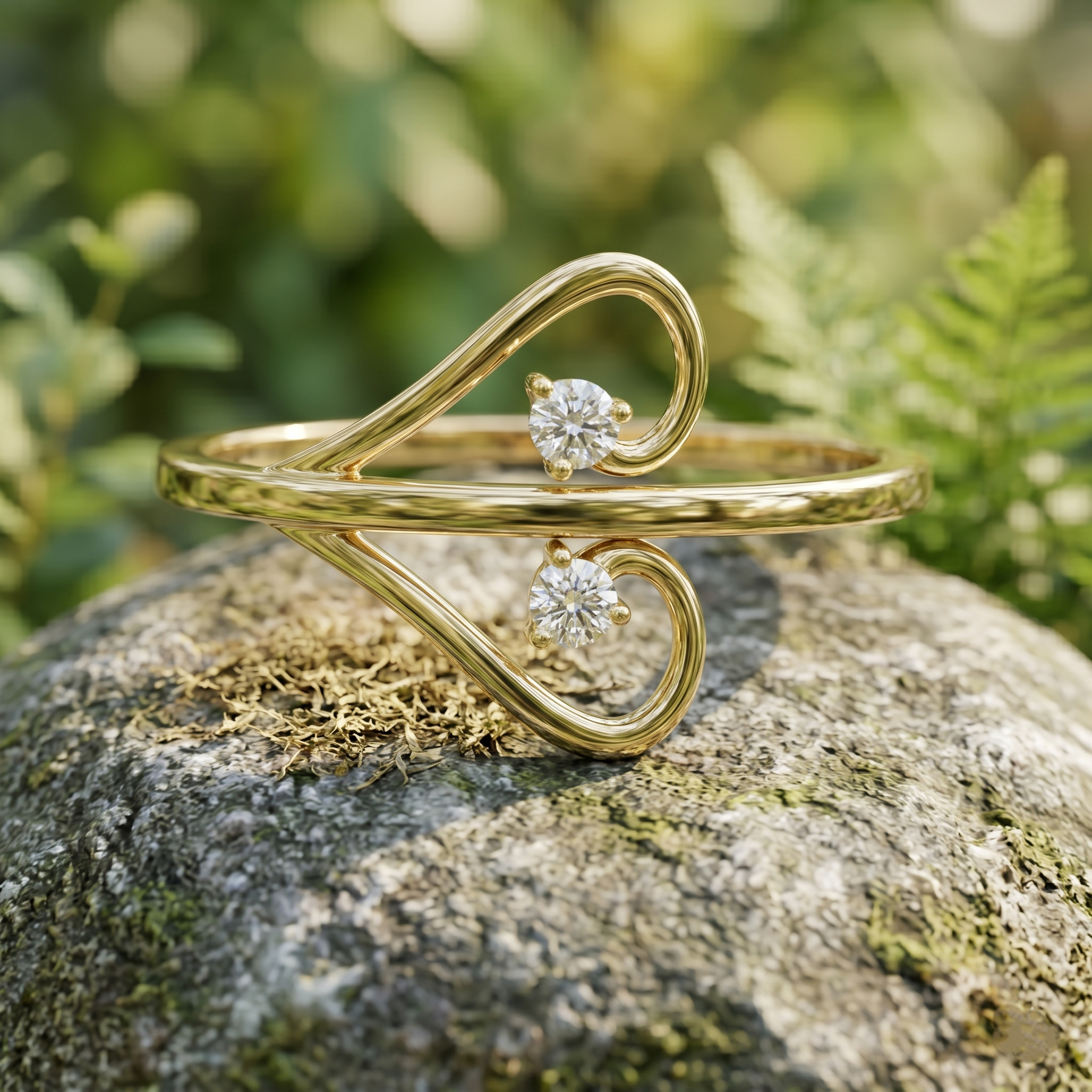 Open Heart Bypass Moissanite Ring, 14K Solid Gold, Minimalist Two Stone Promise Ring