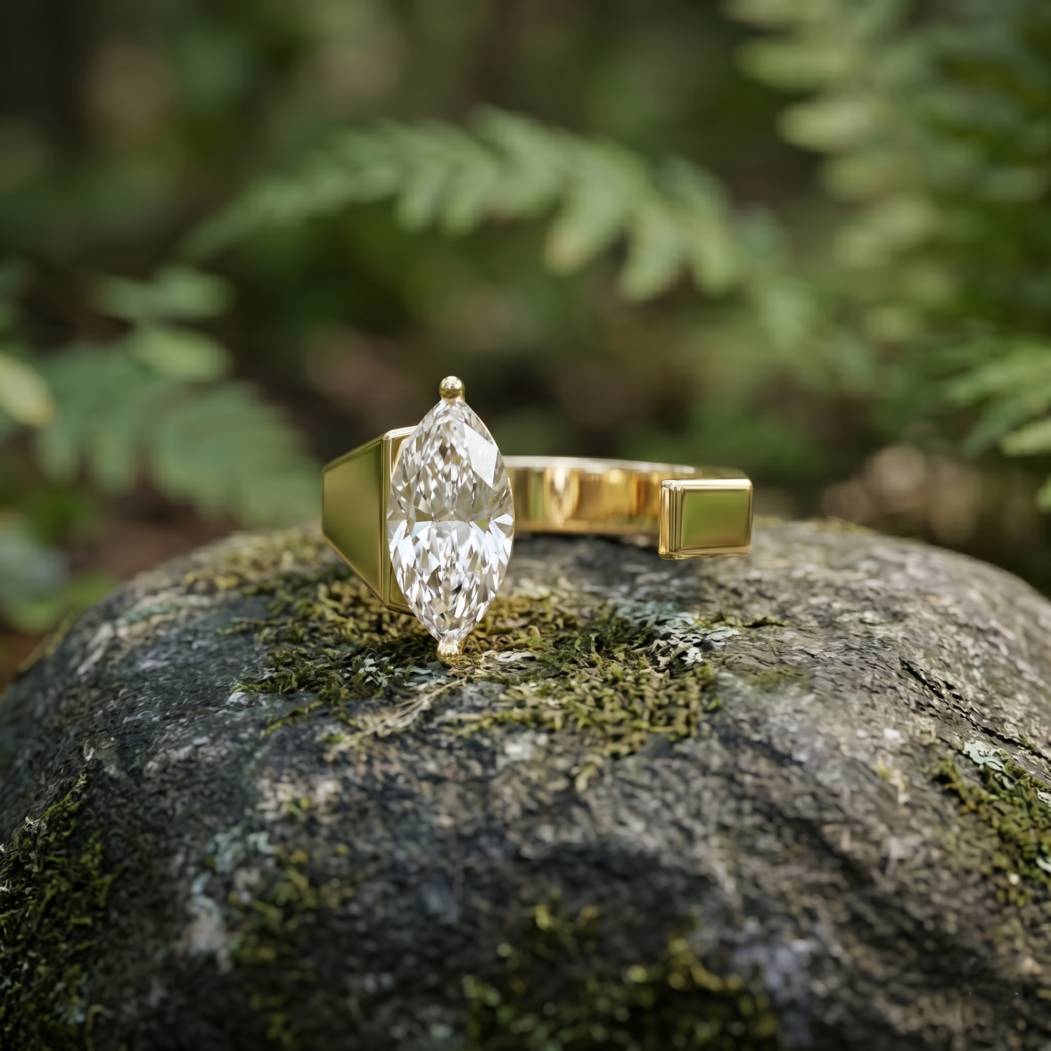 Men's Open Band Marquise Moissanite Ring, Rose Gold Sterling Silver, Modern Minimalist Groom Ring