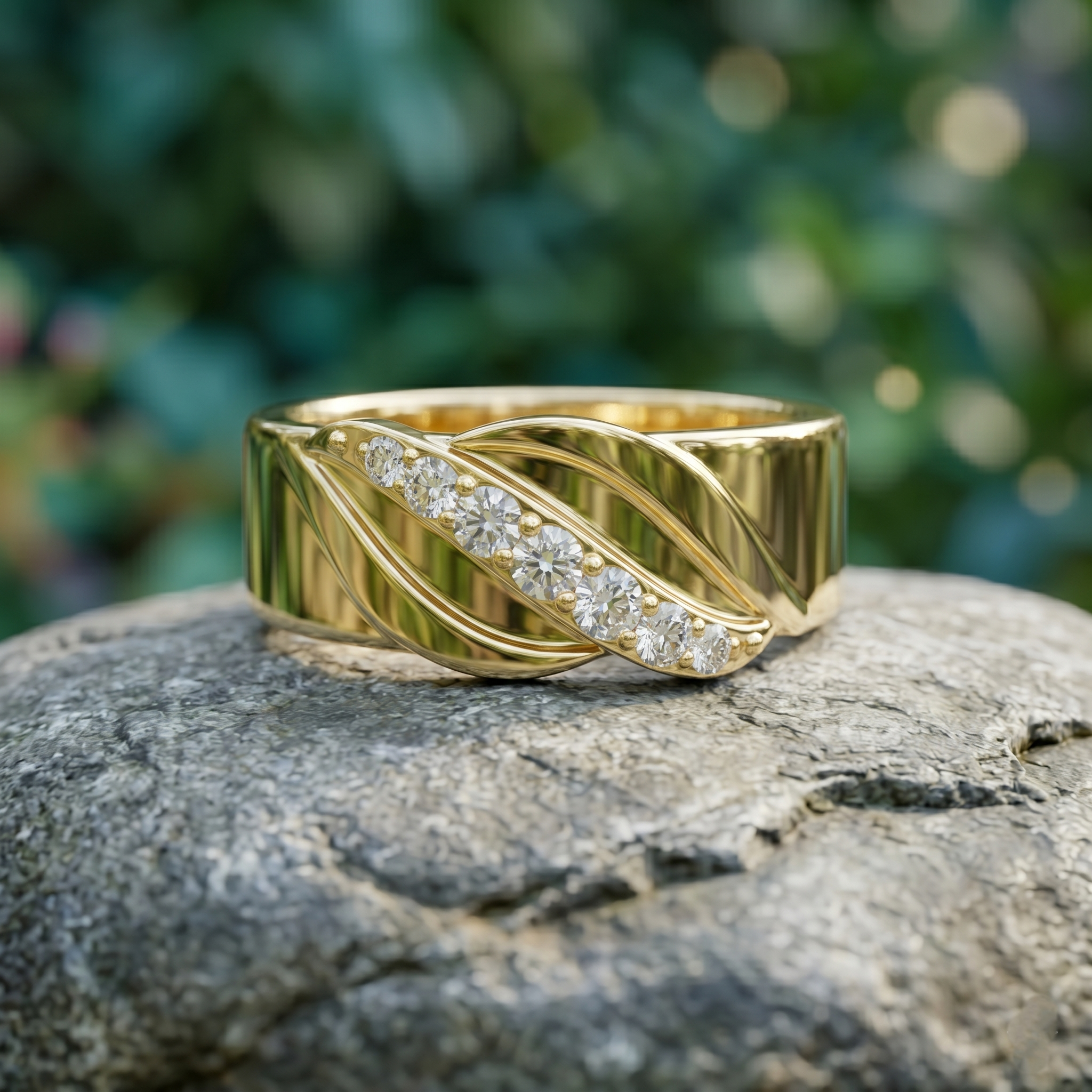 Men's Moissanite Ring, 925 Silver Leaf Band, Diagonal Inlay Wedding Jewelry