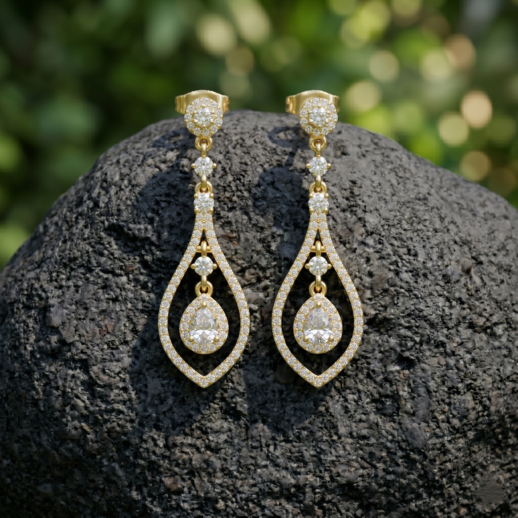 Moissanite Tear Drop Dangle Earrings, 925 Sterling Silver Rose Gold Halo Chandelier