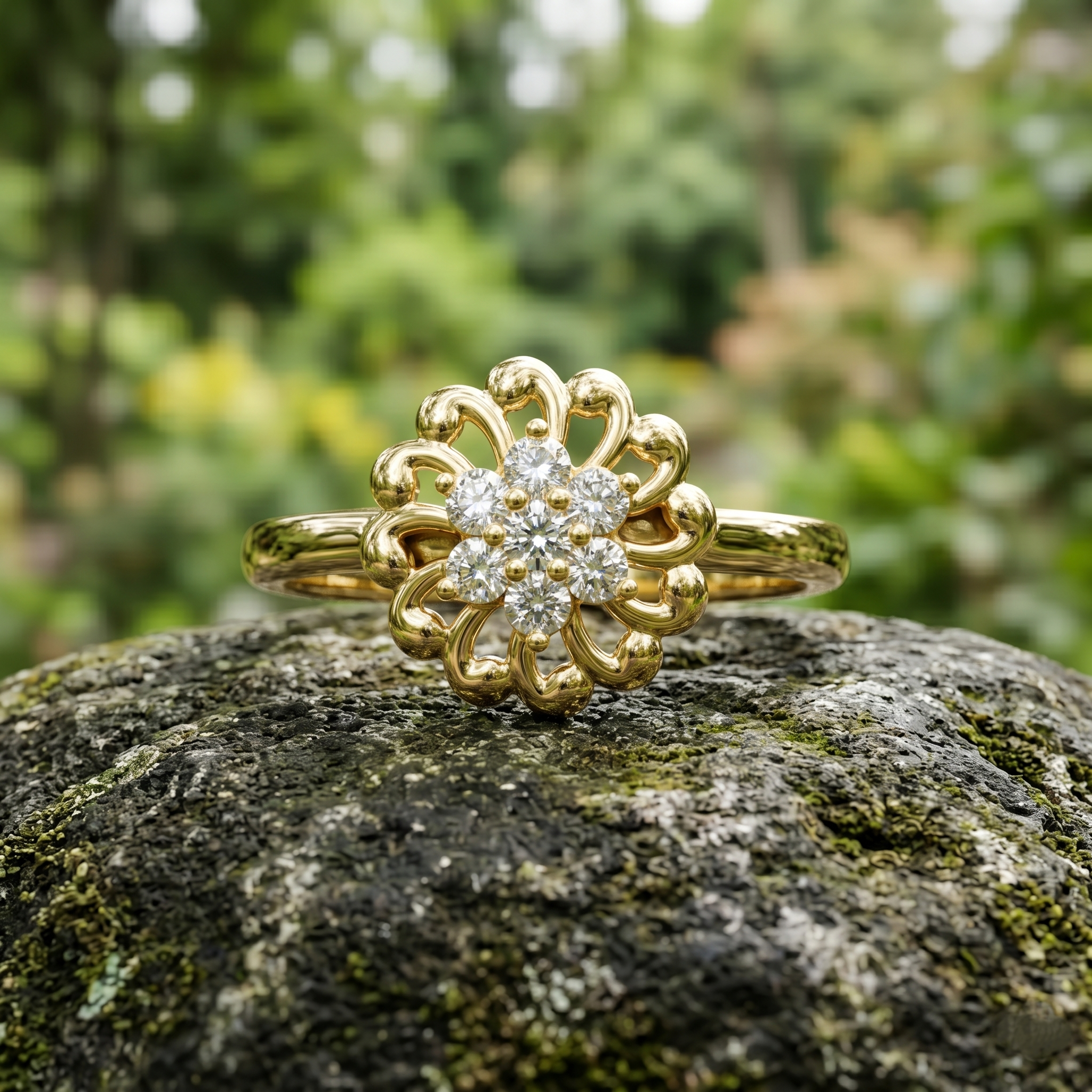 Flower Shape Moissanite Ring, 14K Solid Gold, Vintage Sparkling Floral Engagement Jewelry