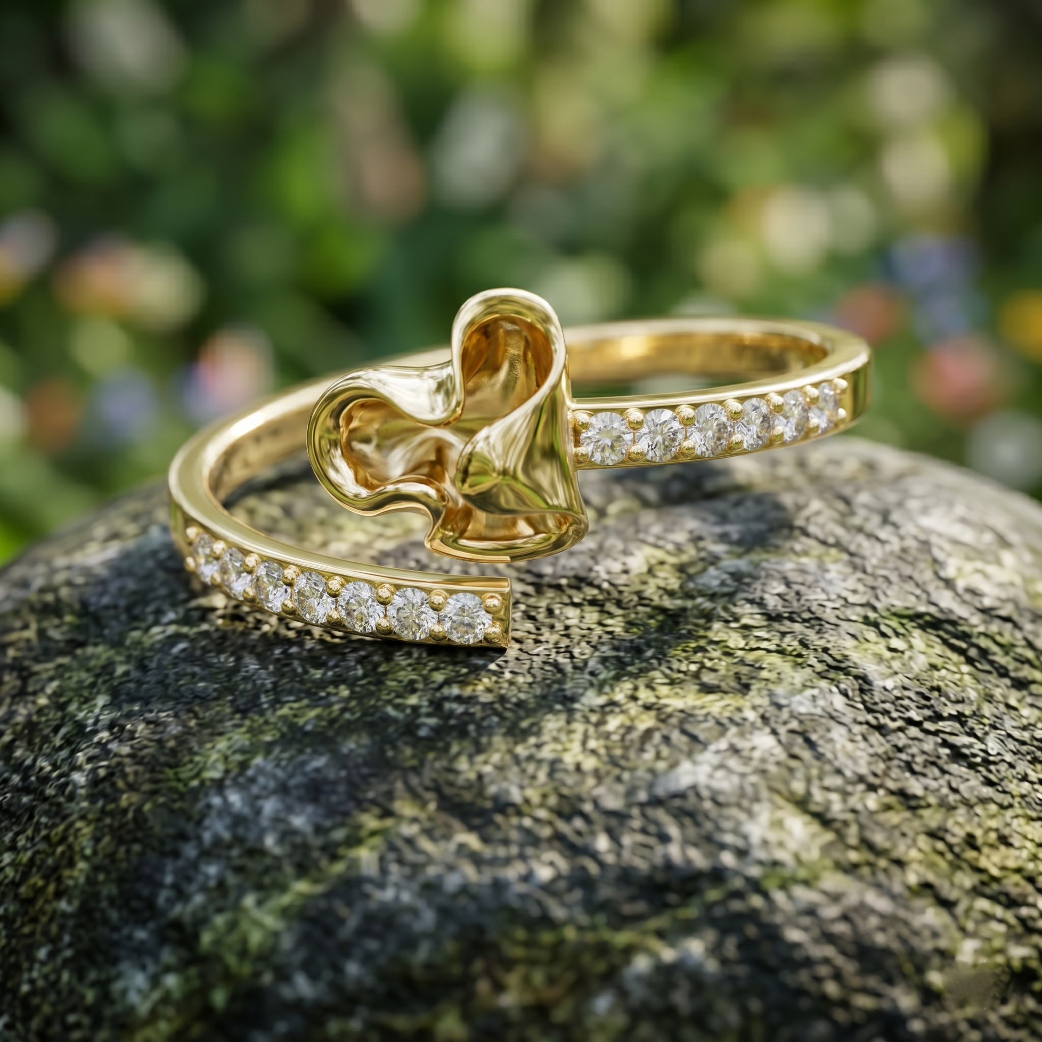 14K Solid Gold Moissanite Bypass Ring, Fluid Flower Organic Leaf Design