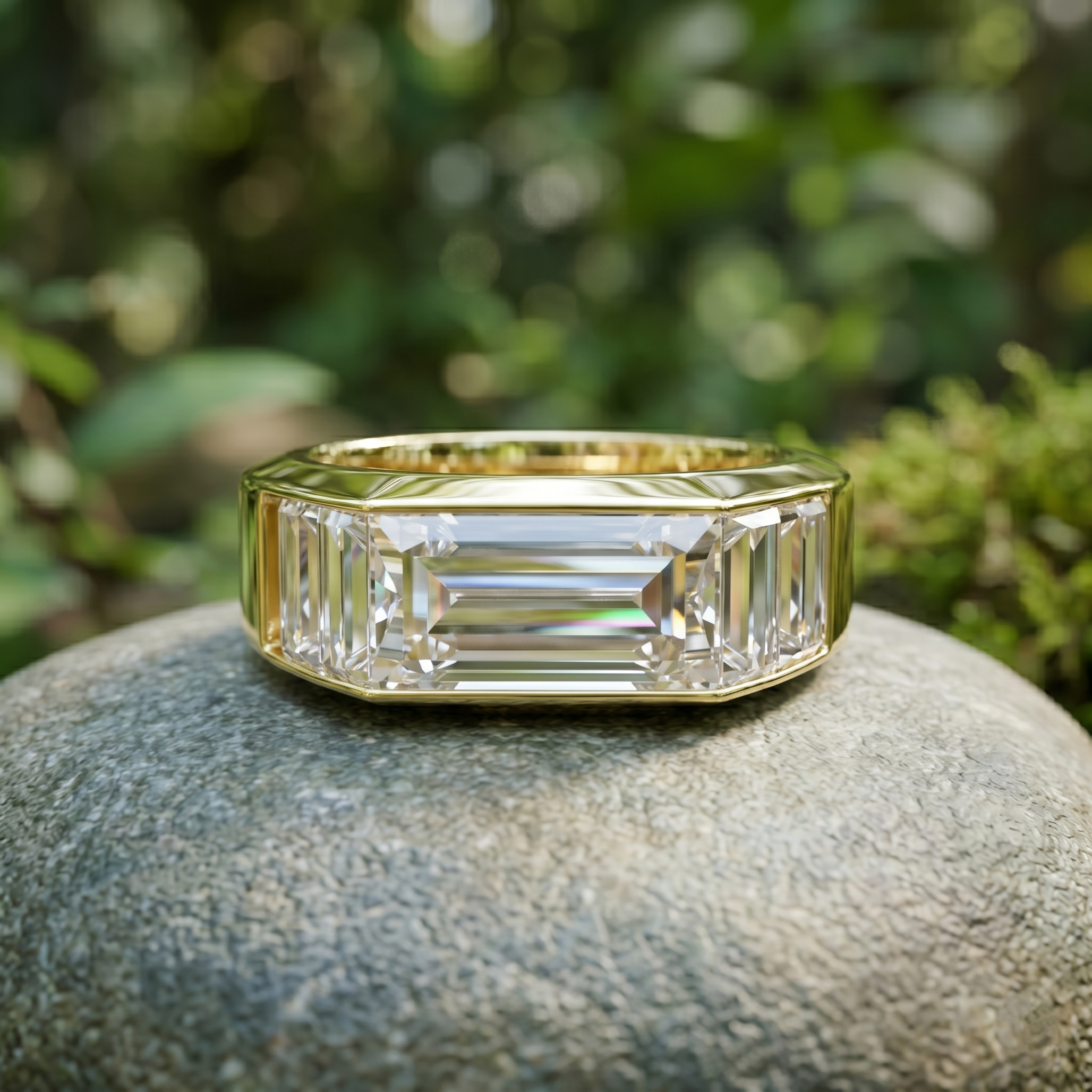 Emerald Cut Moissanite Men's Ring, Sterling Silver Baguette Wedding Band, Minimalist Signet Anniversary Gift