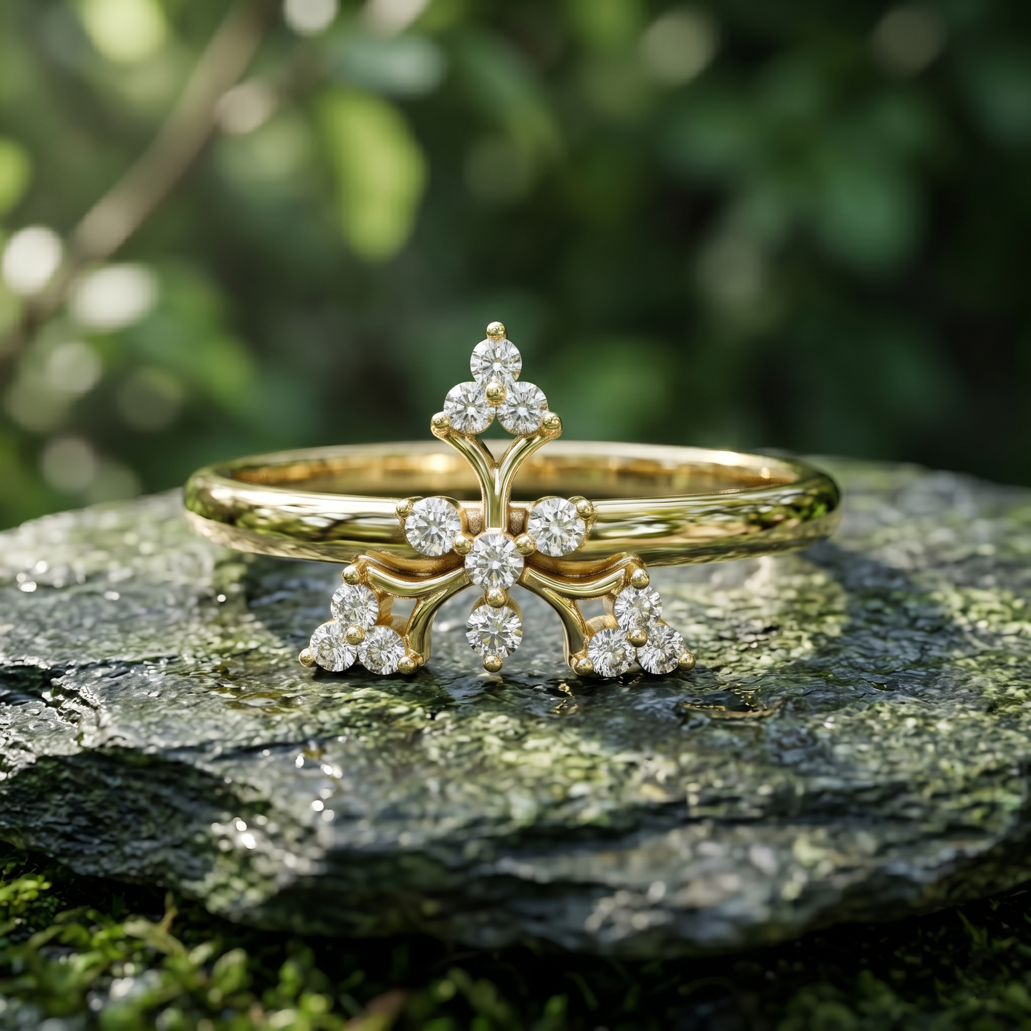 Dainty Snowflake Crown Moissanite Ring, 14K Solid Gold, Vintage Floral Nature Stacking Band