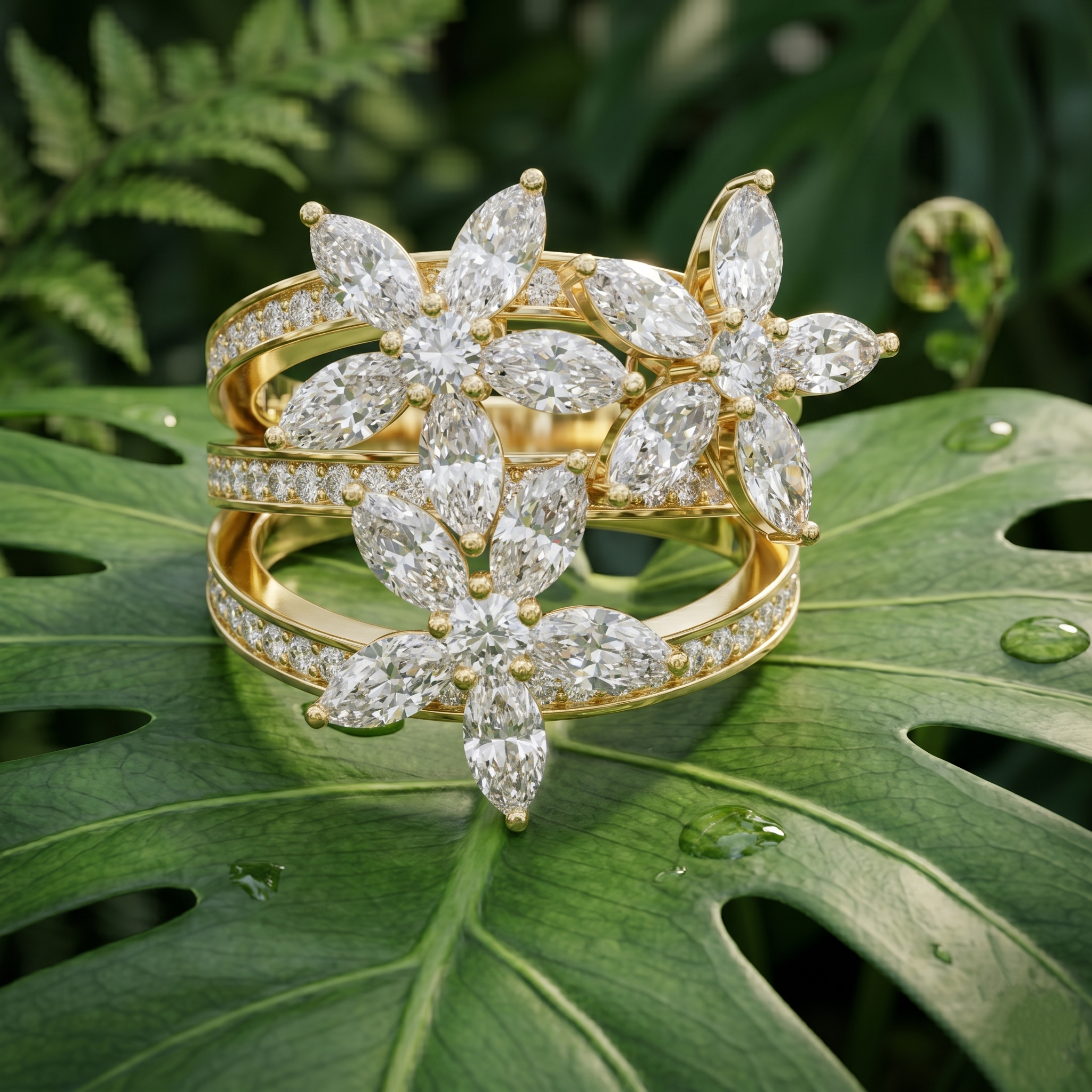 Marquise Moissanite Floral Cluster Ring, Sterling Silver Vermeil Statement Band, Multi Layer Flower Ring