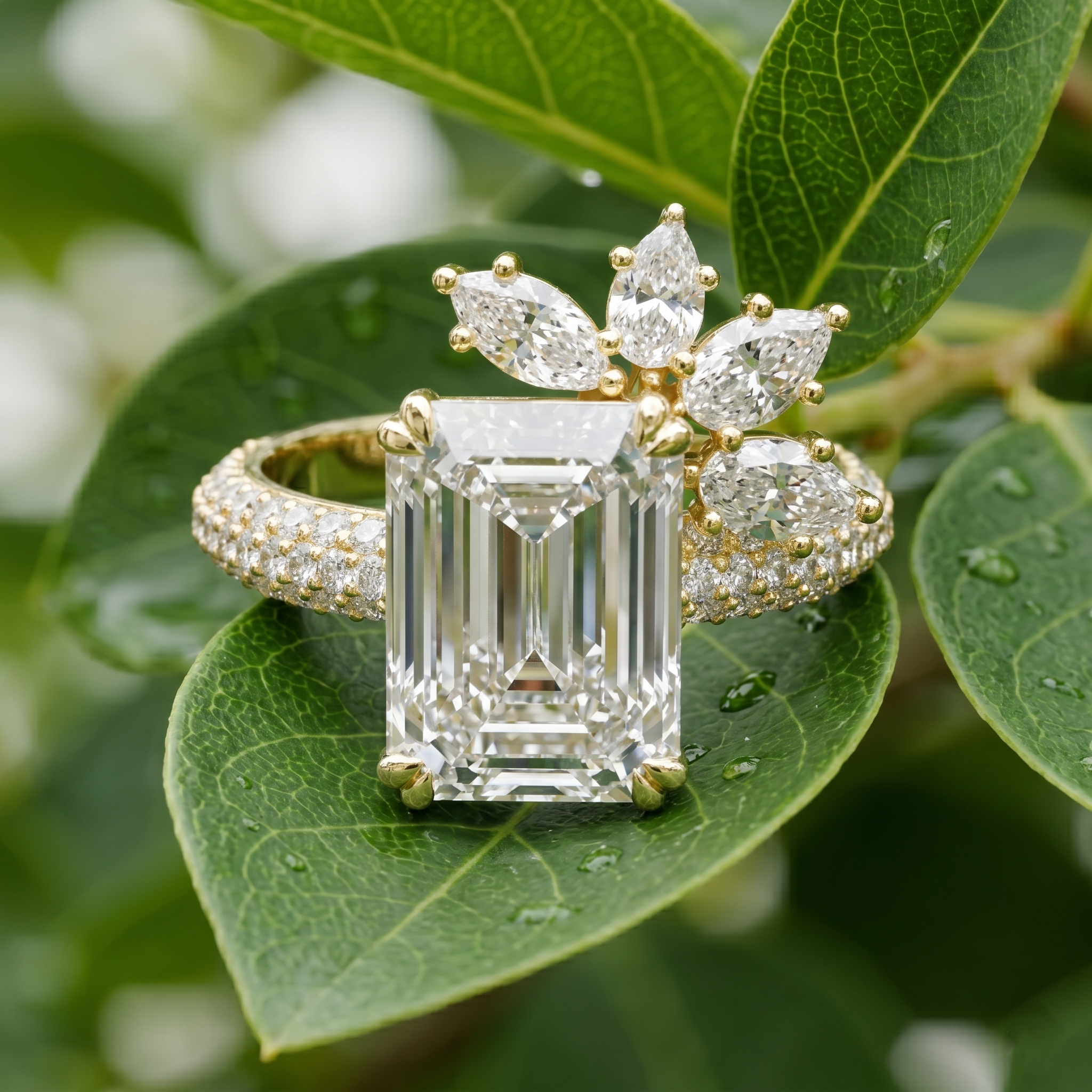 Emerald Cut Moissanite Ring in 925 Sterling Silver, Statement Marquise Cluster Unique Floral Crown Pave Band Wedding Ring Gifts for Her