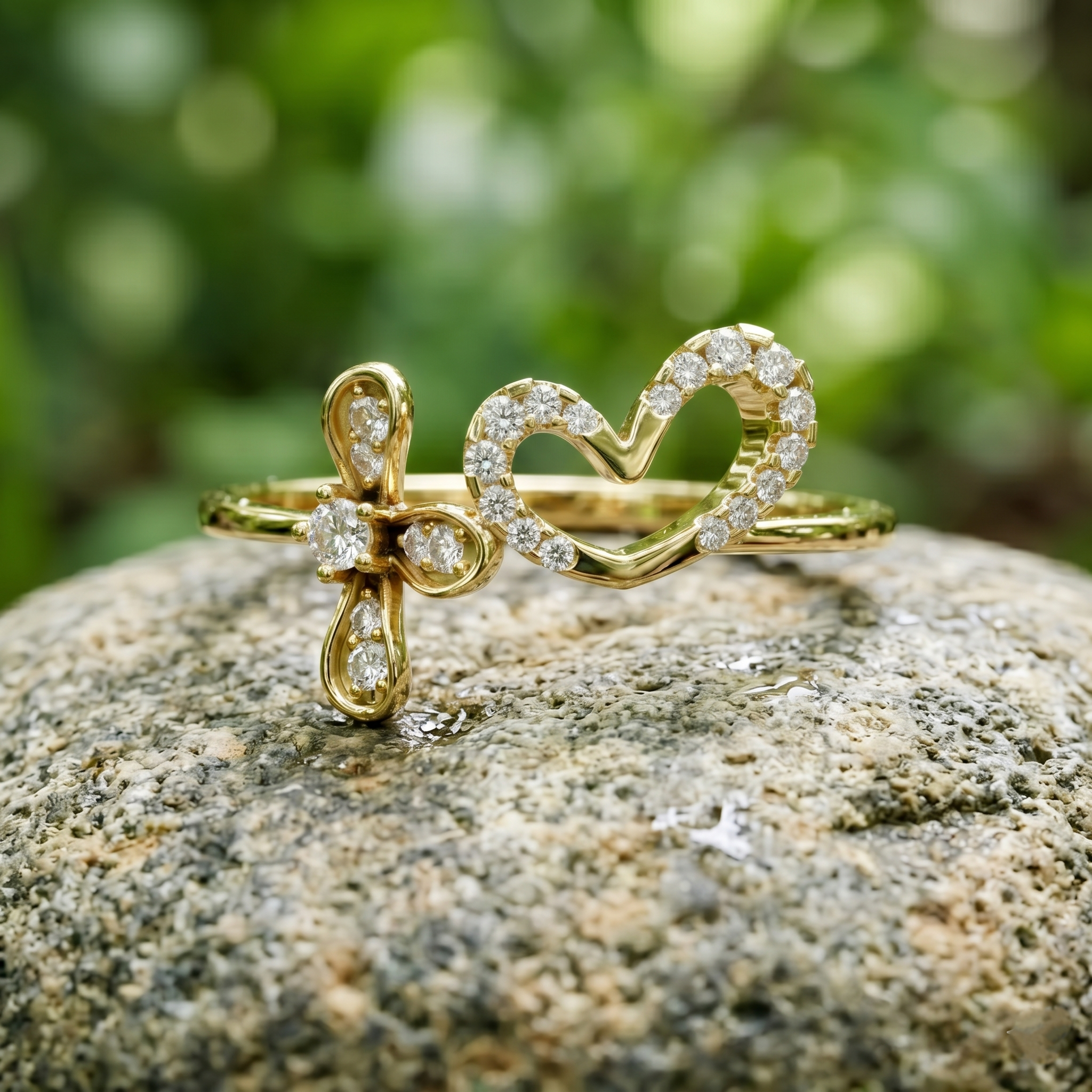 14K Solid Gold Heart Cross Moissanite Ring, Dainty Faith Filigree Jewelry