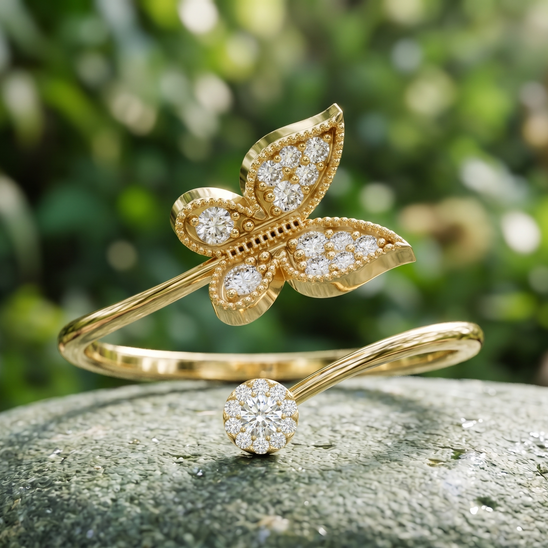 14K Solid Gold Butterfly Ring, Moissanite Open Wrap, Nature Inspired Milgrain Detail