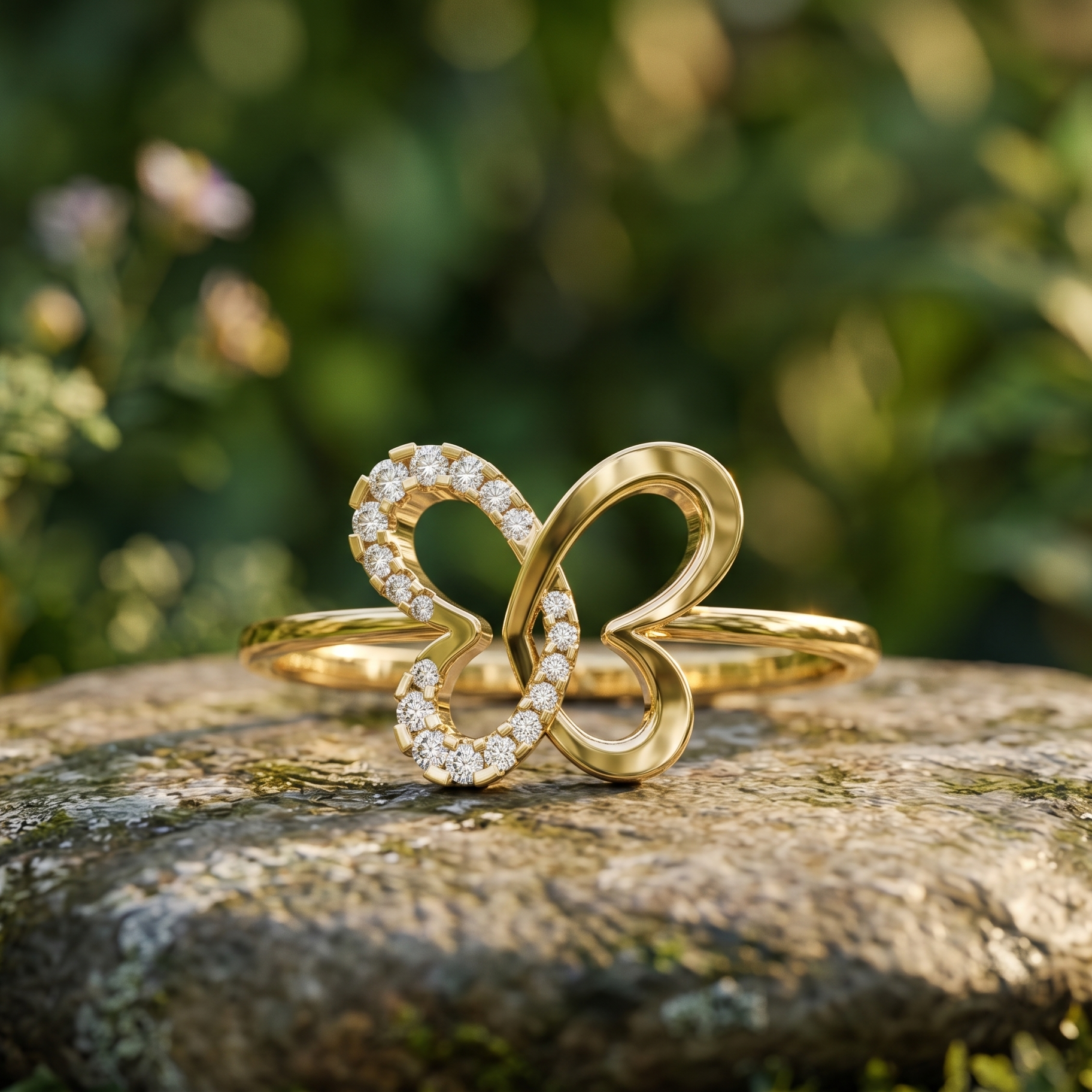 Solid 14k Rose Gold Butterfly Ring, Genuine Moissanite Statement Jewelry