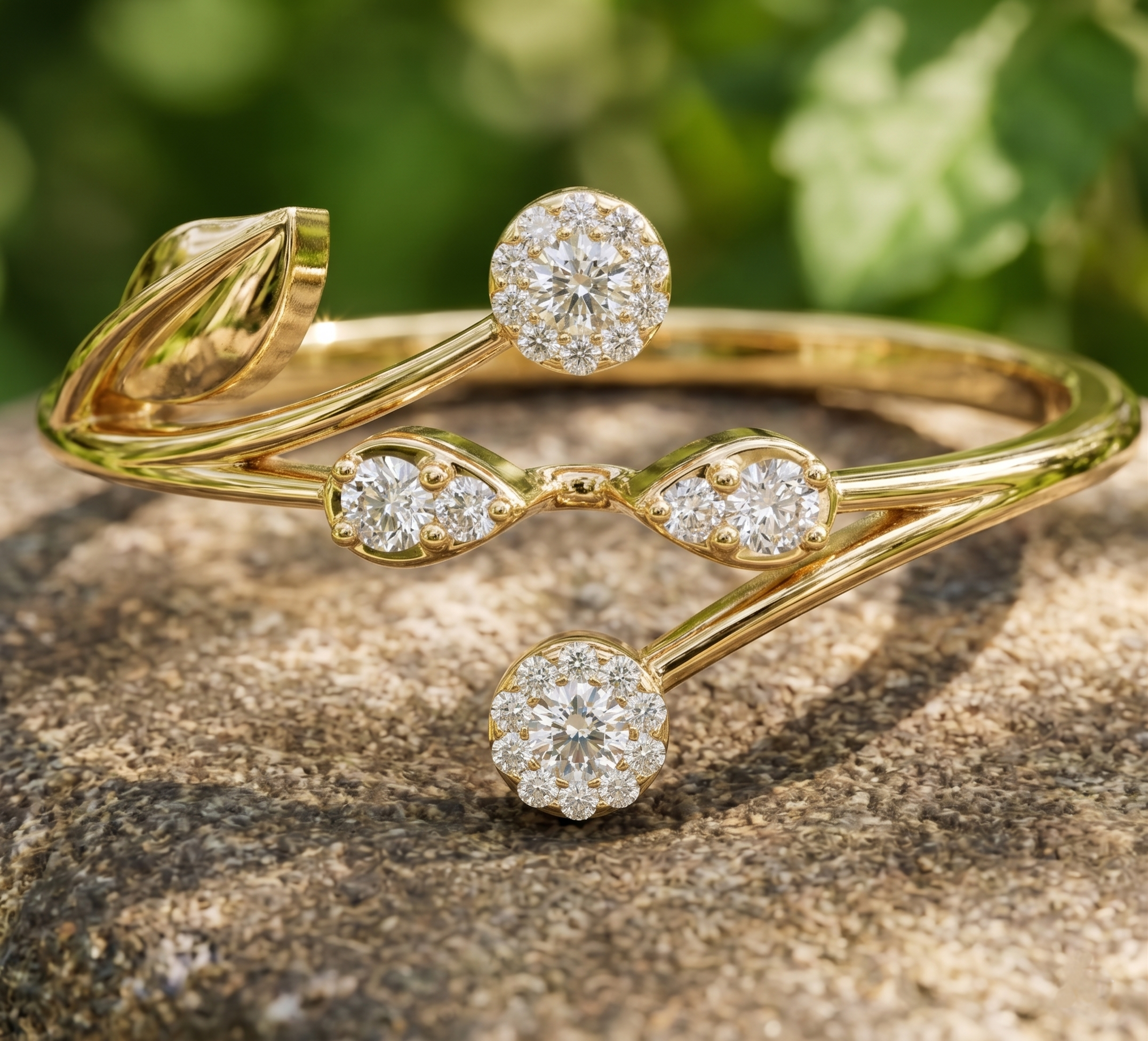 14k Solid Gold Swirl Leaf Moissanite Ring, Nature Inspired Cluster Wrap Curved Ring