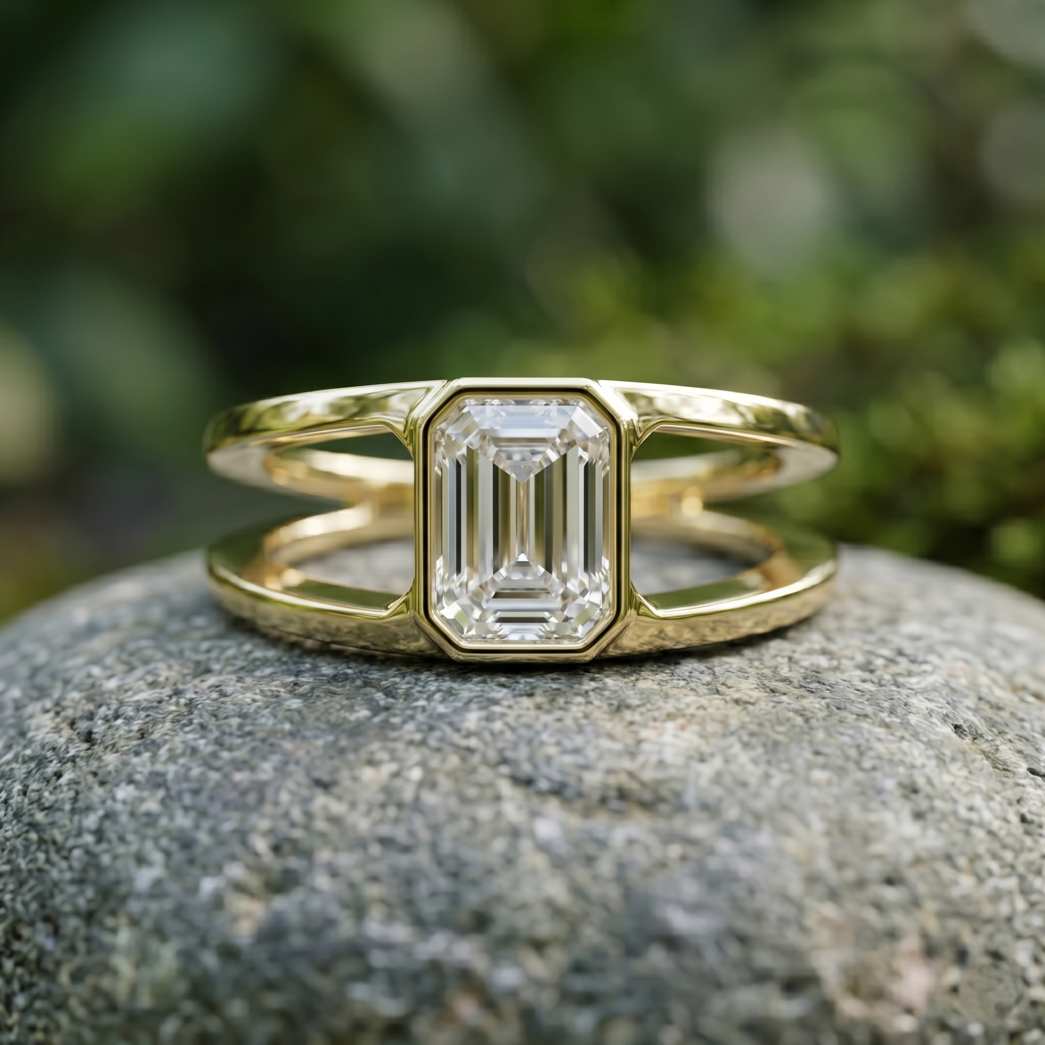 Emerald Cut Moissanite Men's Ring, Split Shank 925 Sterling Silver, Bezel Set Wedding Band