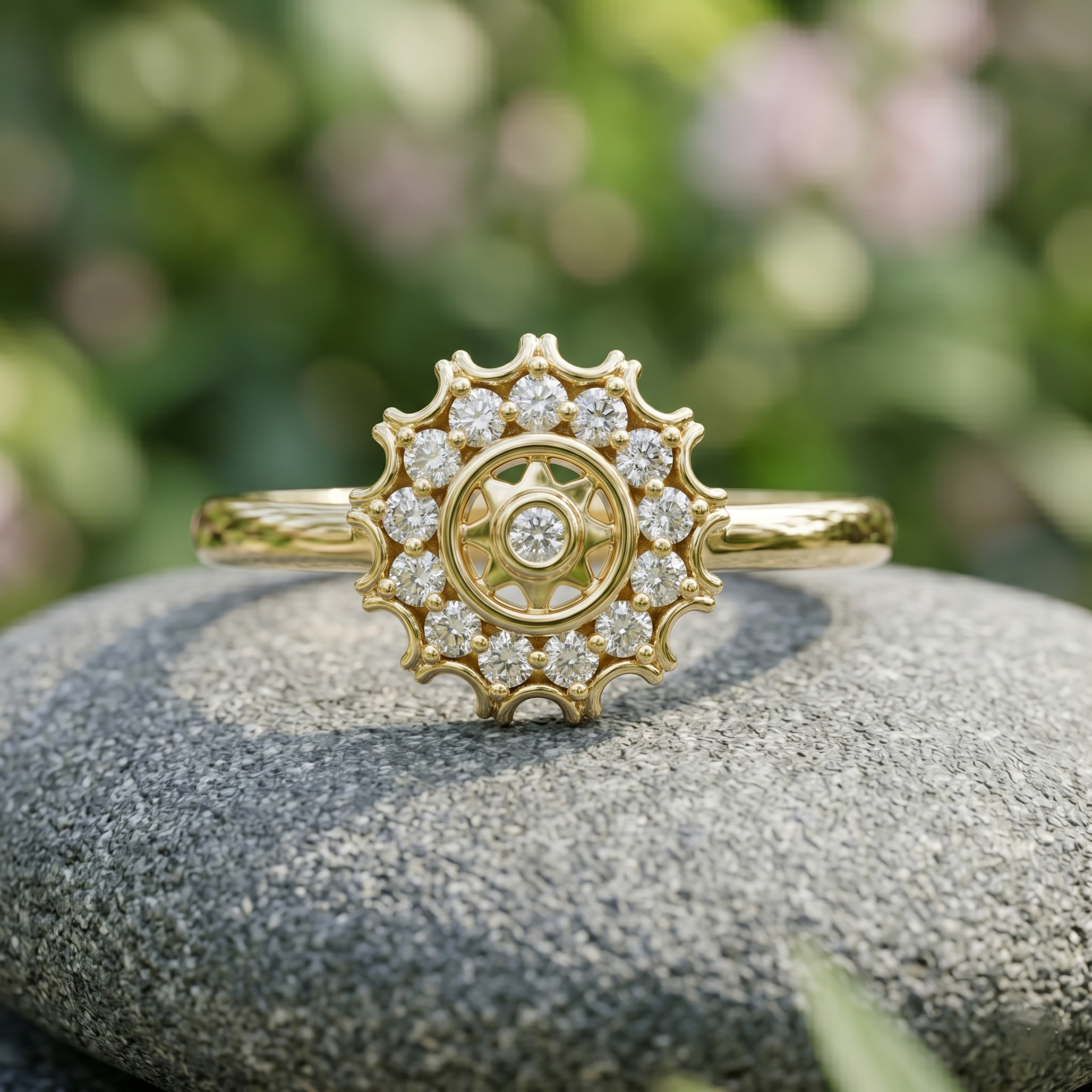 14K Solid Gold Moissanite Sunburst Ring, Vintage Celestial Gear Scalloped Halo Flower