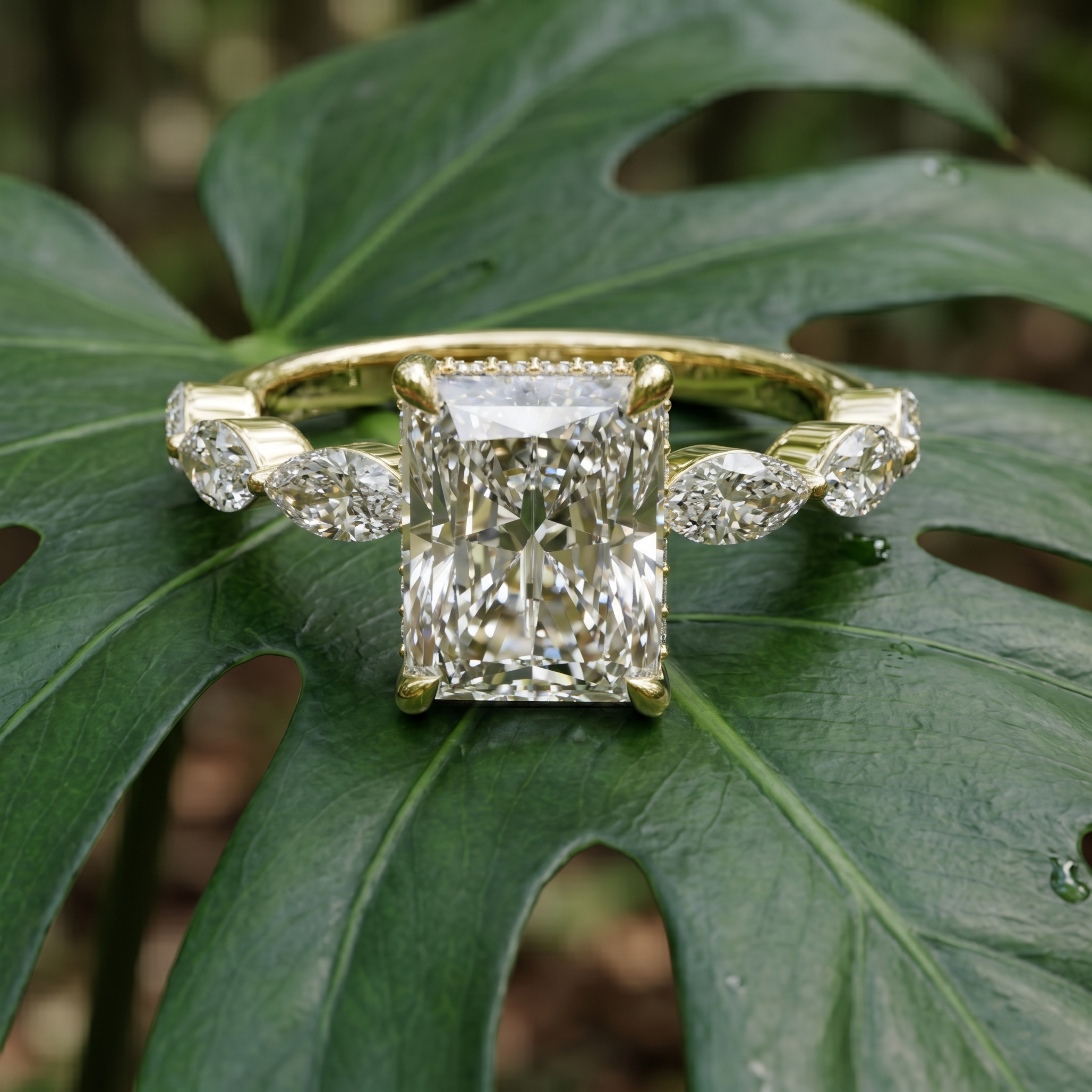 Radiant Cut Moissanite Engagement Ring, Sterling Silver Marquise Side Stone, Anniversary Promise Ring