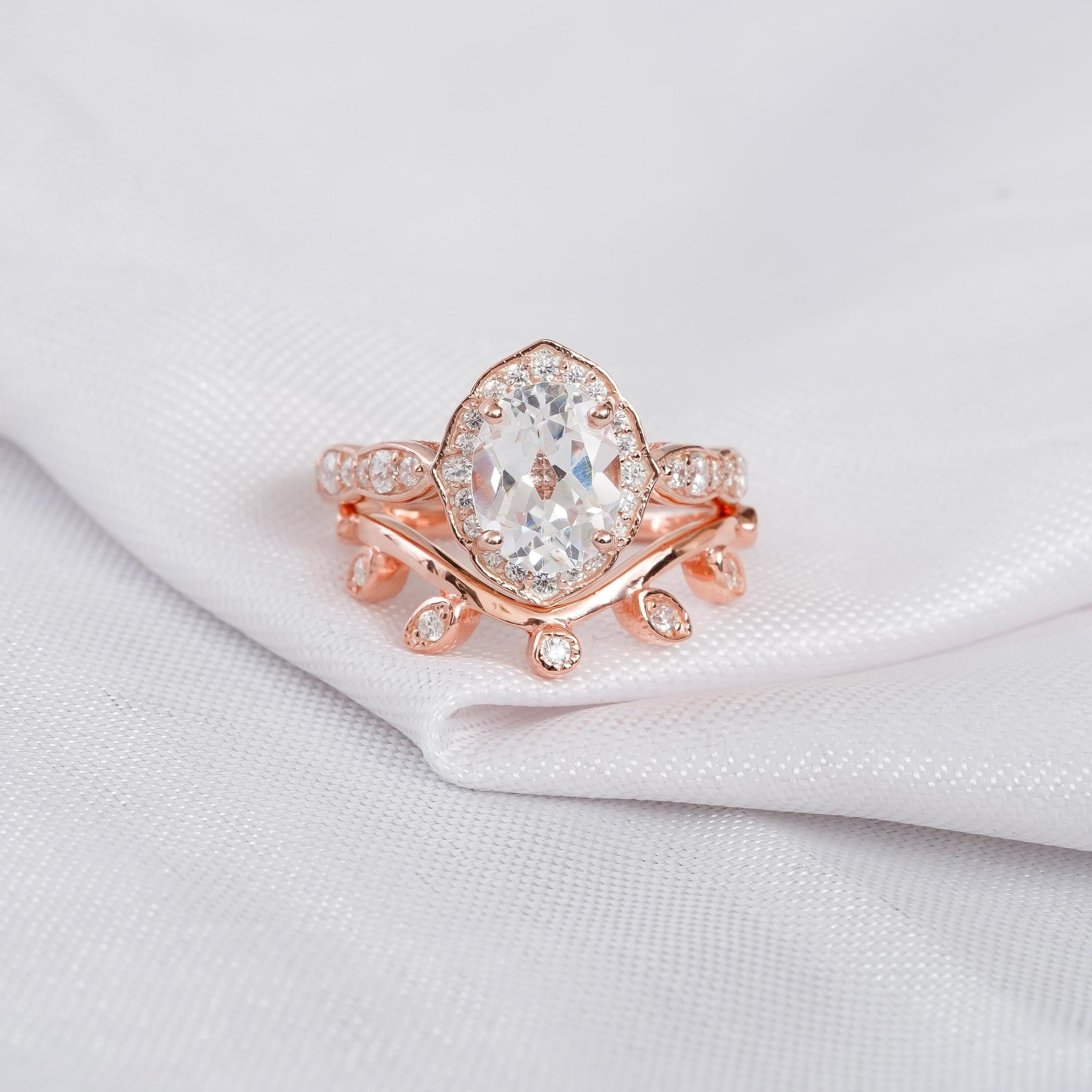 Moissanite Engagement Ring Set For Women 925 Sterling Silver Milgrain Bridal Oval 2ct Art Deco Ring Matching Moissanite Leaf Wedding Band