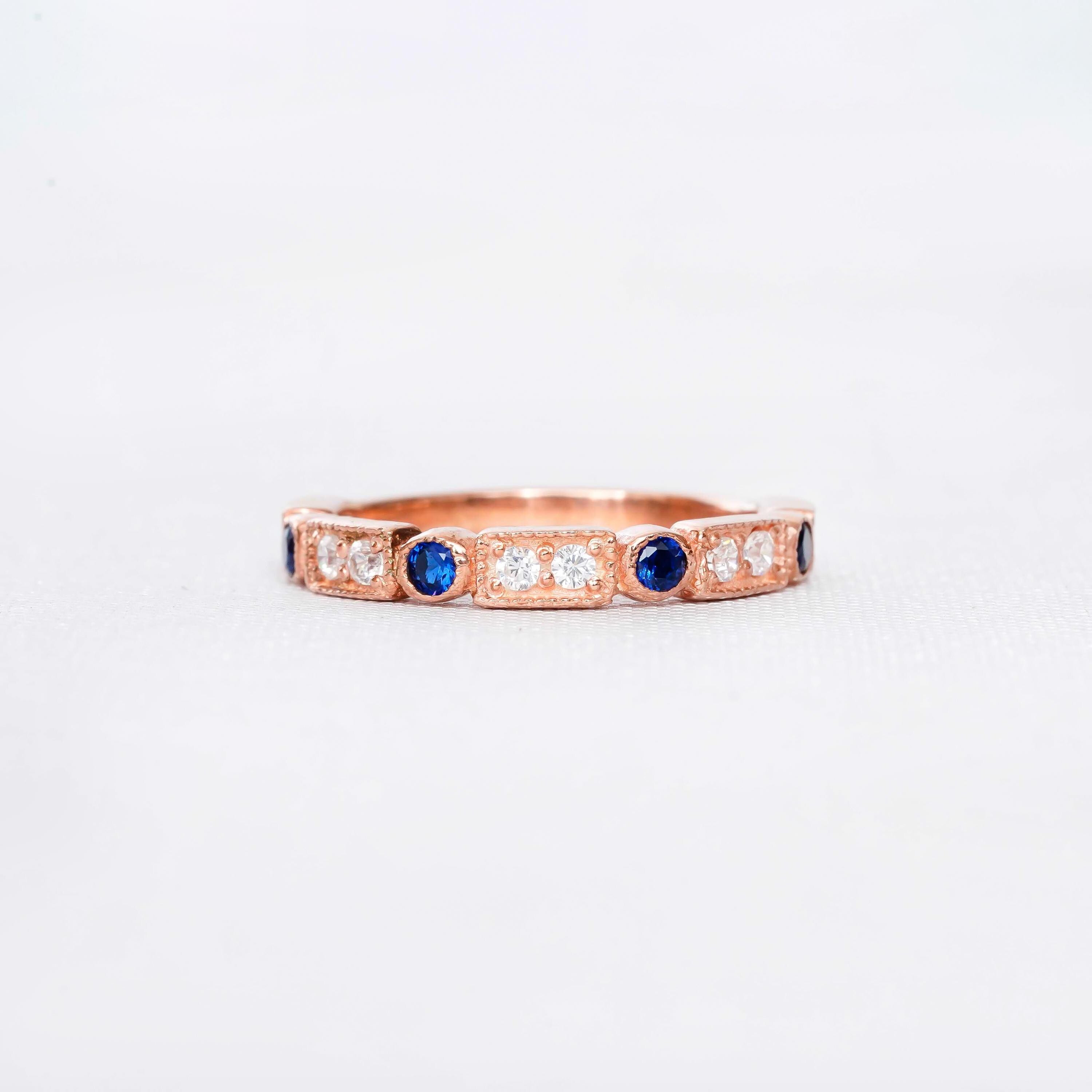 Blue Sapphire Wedding Band For Women 925 Sterling Silver With Moissanites Stackable Half Eternity Matching Anniversary Gift Dainty Ring Band