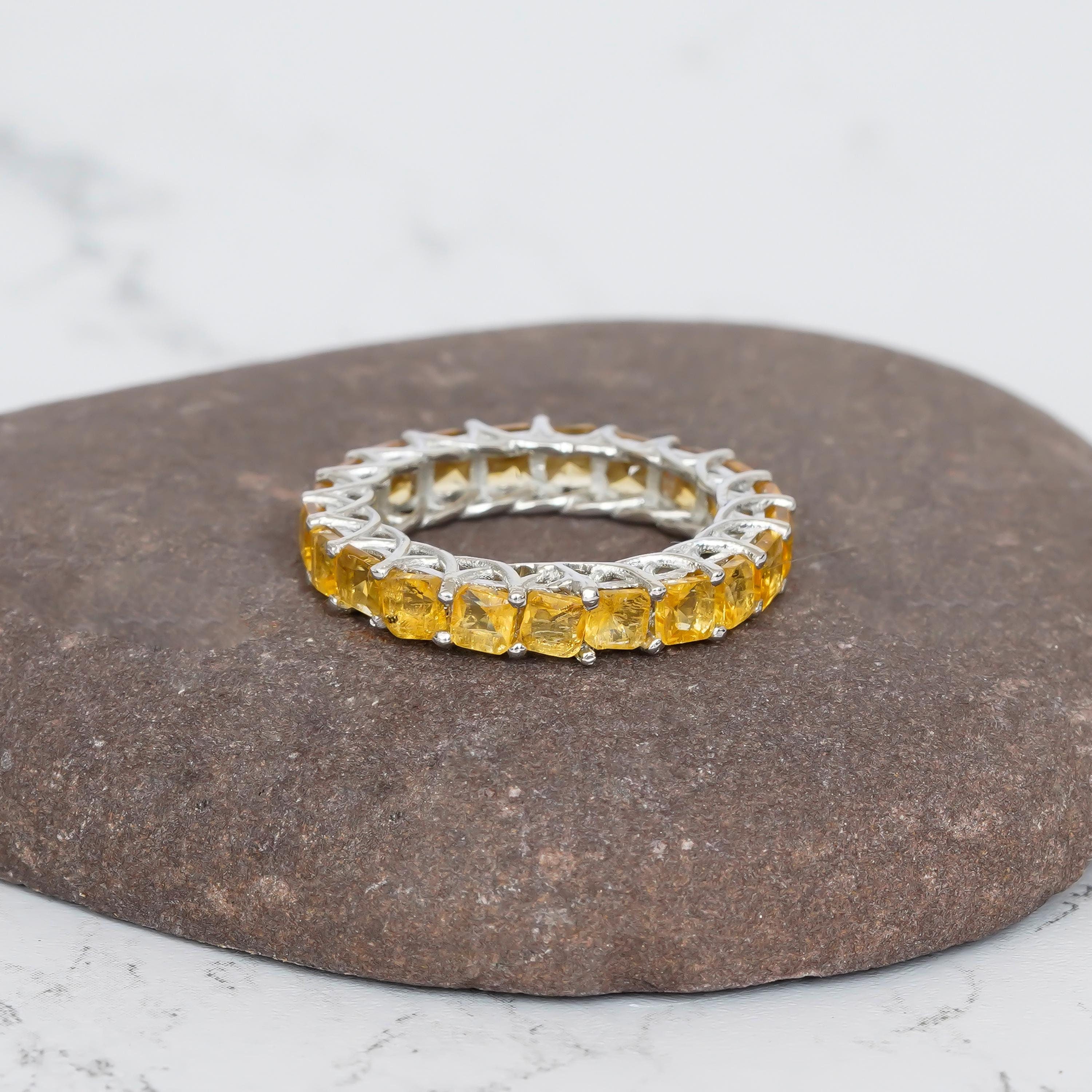 Citrine Full Eternity Band For Women 925 Sterling Silver Princess Cut Yellow Stackable Delicate Bridal Matching Anniversary Gift Dainty Ring